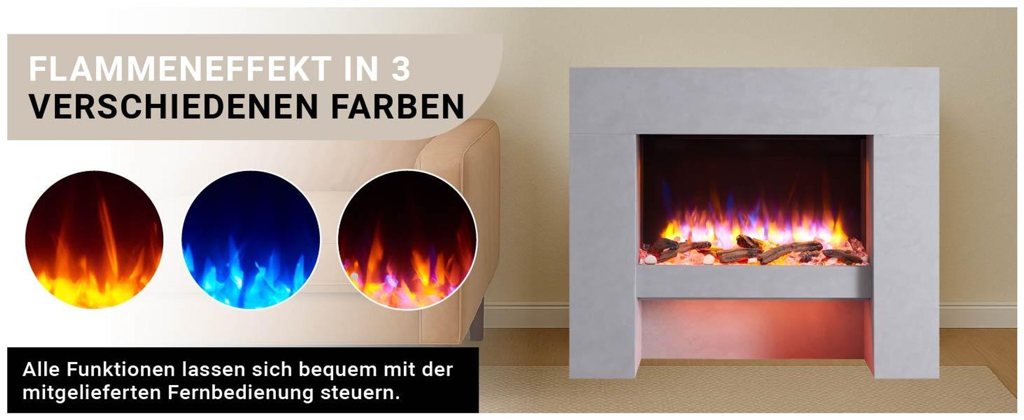 Elektrisches Kaminfeuer Balderia Naran grau 2000 Watt inkl. Fernbedienung