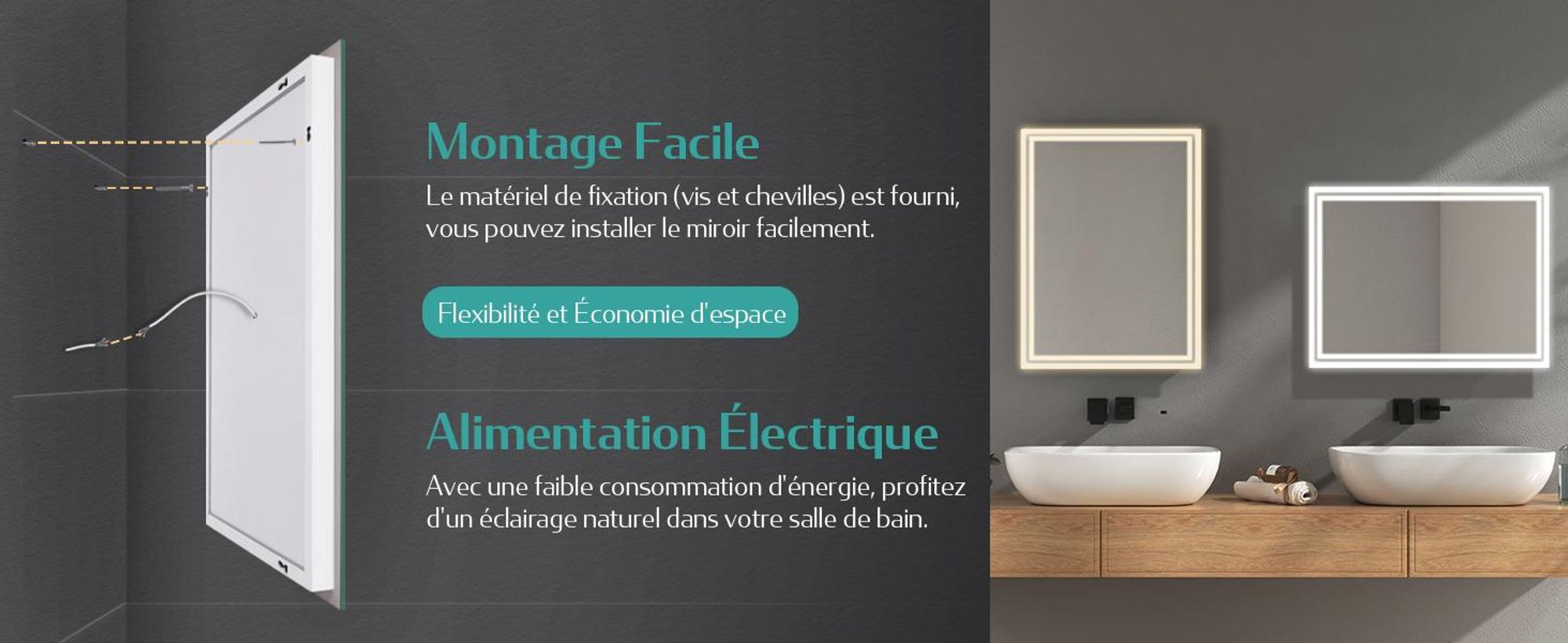 Miroir de salle de bain EMKE LED avec éclairage 40X60 cm anti-buée, miroir mural miroir de salle de bain avec interrupteur mécanique, couleurs de lumière 3000K/6500K, IP44