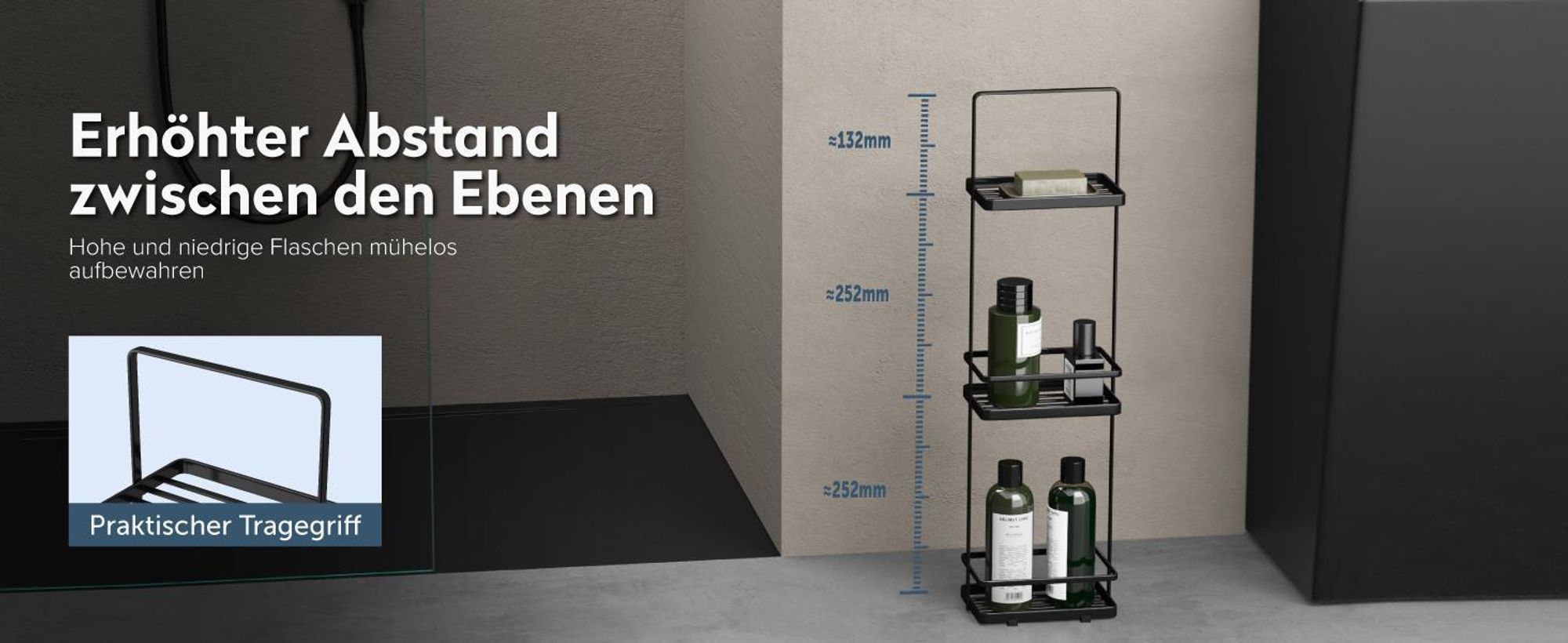 doporro Duschablage ohne Bohren 3 Ebenen Badregal Stehend Badezimmerregal Duschregal Schmales aus Metall für Badezimmer und Toilette Weiß Reglo-02