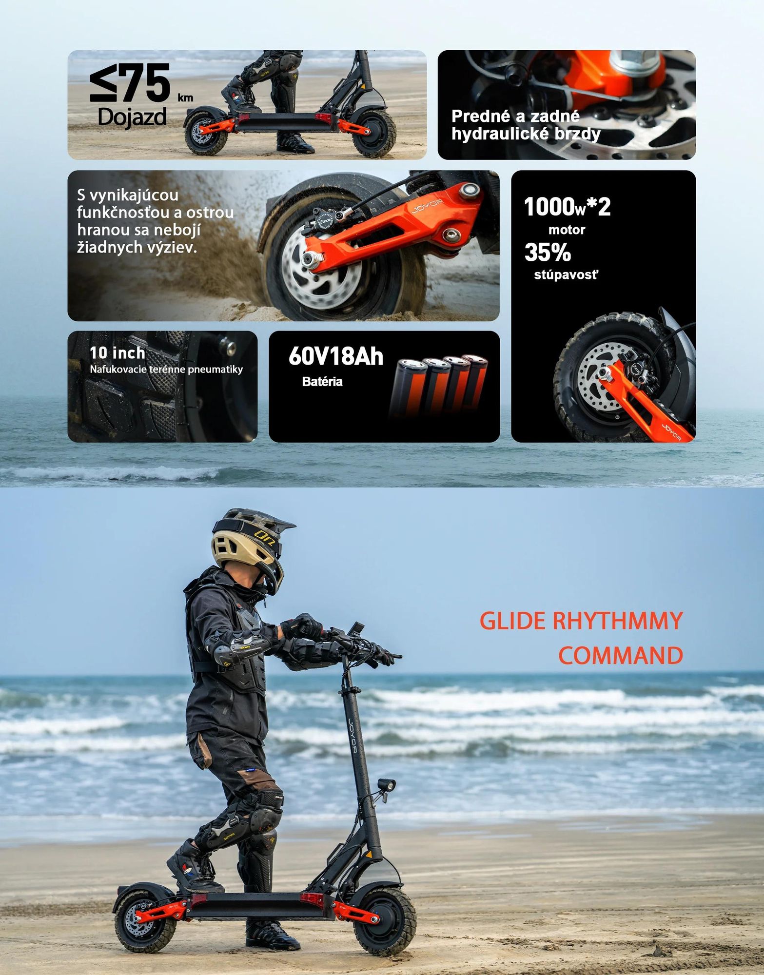 JOYOR T10 Skladateľný Elektrický Kolobežka - 2×1000W Motor 60V18AH Batéria 10-palcové Pneumatiky Hydraulické Kotúčové Brzdy - Čierna