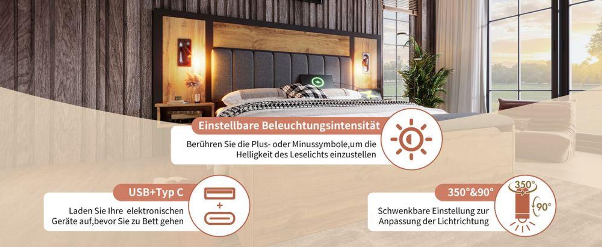 MODFU Doppelbett 180×200 Polsterbett mit gepolstertem Kopfteil,Holzbett Bettgestell mit Leselampen,Stauraumbank, Metall-Lattenrost,ohne Matratze,Eiche
