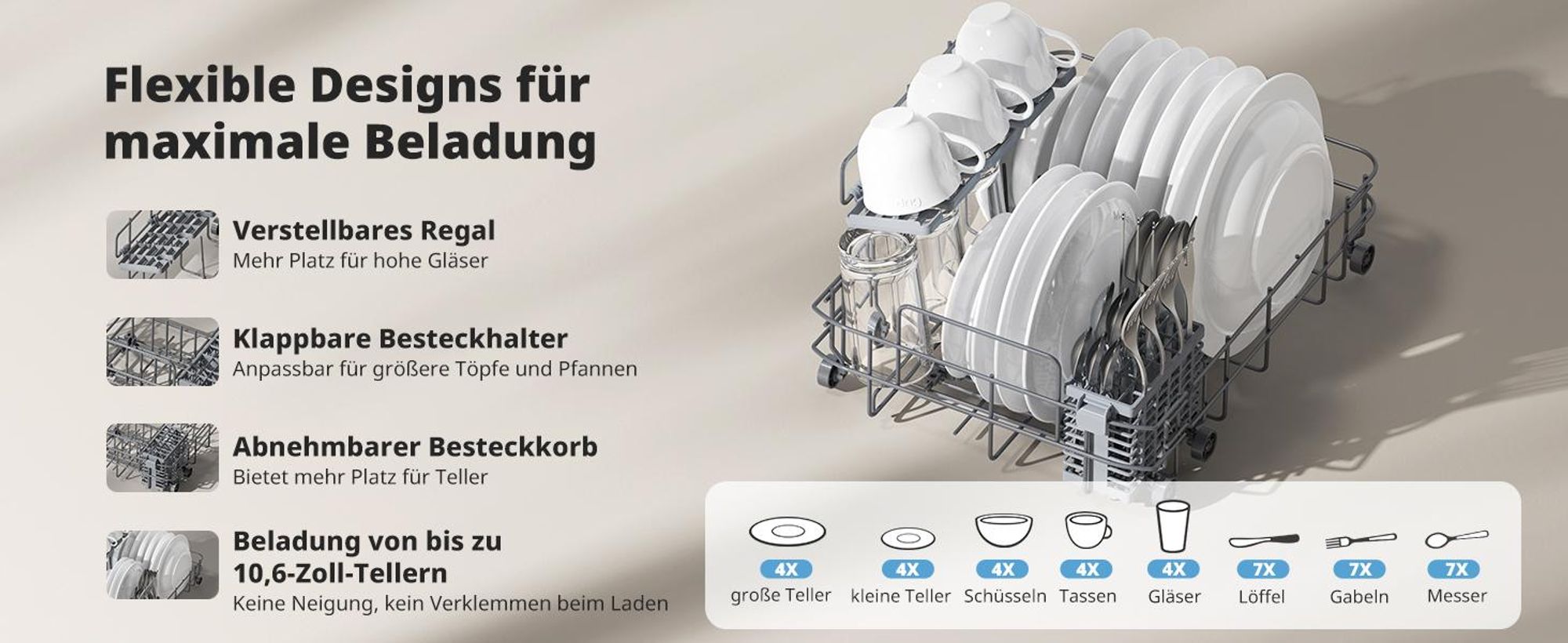 AIRMSEN Tischgeschirrspüler ECO-Modus,5L wassertank,9 Programme,Selbstreinigend, 1-24H Timer 5l, 4 Maßgedecke, Geeignet für Hausküchen, Wohnungen