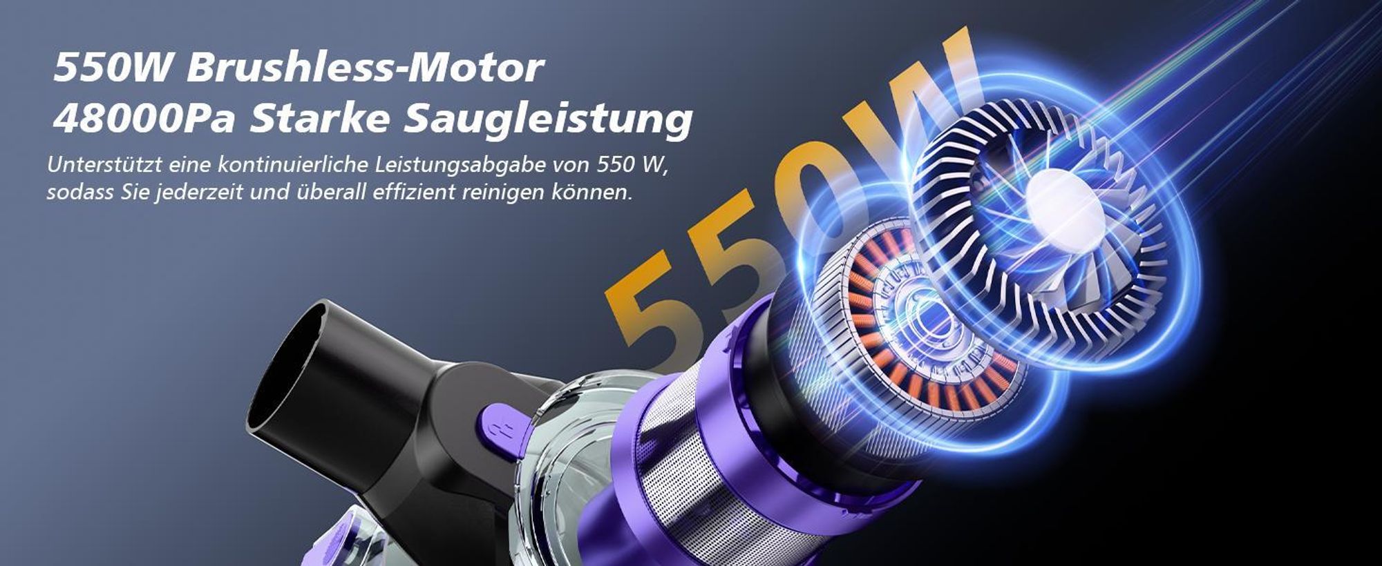 Akku Staubsauger, 48000Pa Staubsauger Kabellos mit Smart Display, Handstaubsauger, 550W Starke Saugleistung mit Anti-Verhedderung-Bürste, Ultraleiser