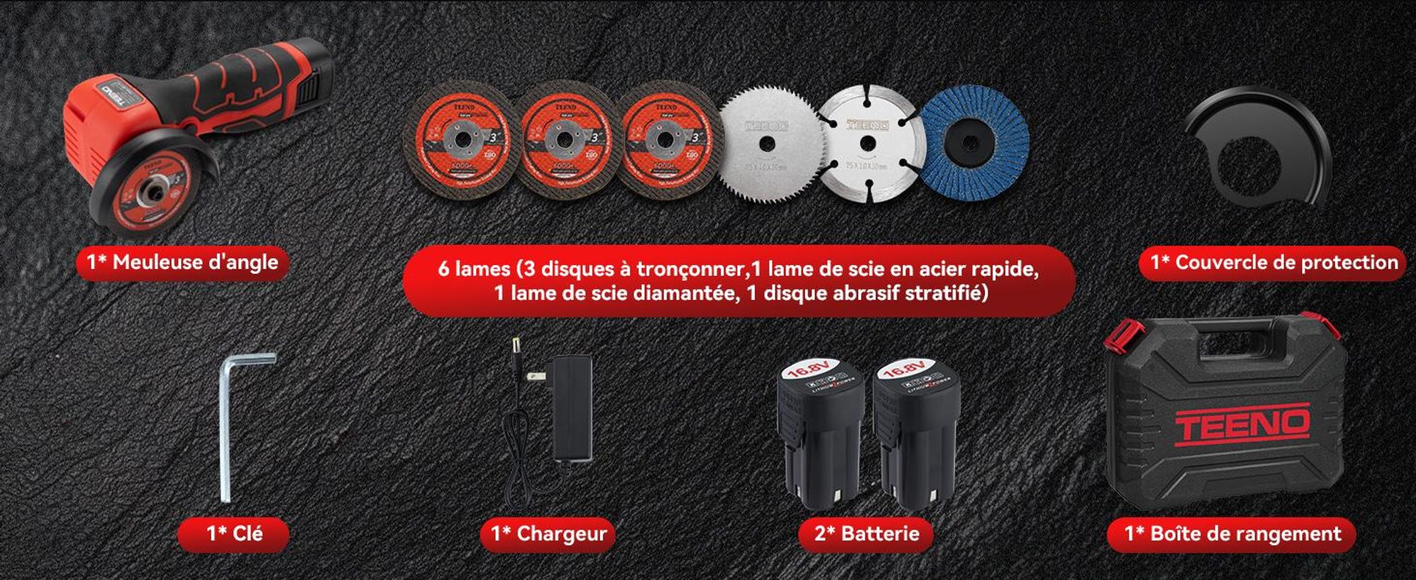 Meuleuse d'Angle TEENO 19 500 RPM - Disqueuse Sans Fil 76mm, Kit Complet avec 2 Batteries 2000mAh et 6 Disques - Pour Meulage, Polissage, Découpe