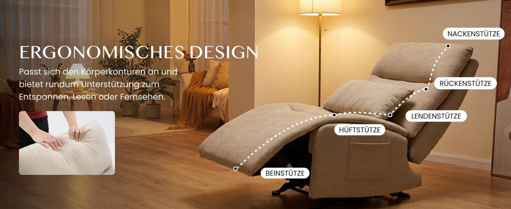 FLEXISPOT HomeEase Relaxsessel mit Schaukelfunktion, 3-fach Liegefunktion, Lendenkissen & Fußstütze, Seitentasche, für Stillzeit, Wohnzimmer, Beige