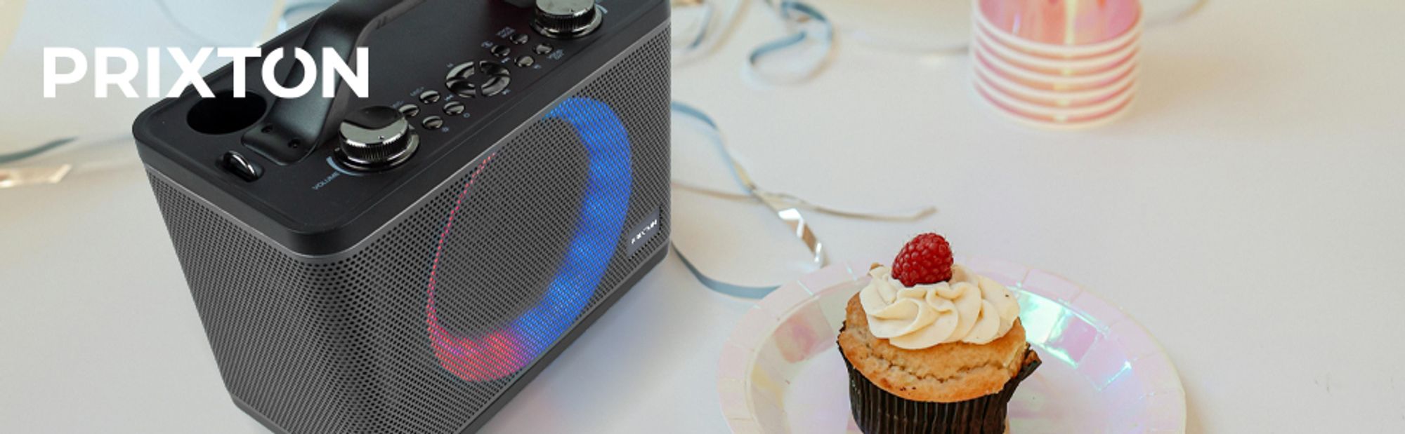 PRIXTON Karaoke Maschine PartyGO | 2 kabellose Mikrofones, Tragbaren Bluetooth Lautsprecher mit RGB-LED-Licht, Unterstützt TF/USB, AUX