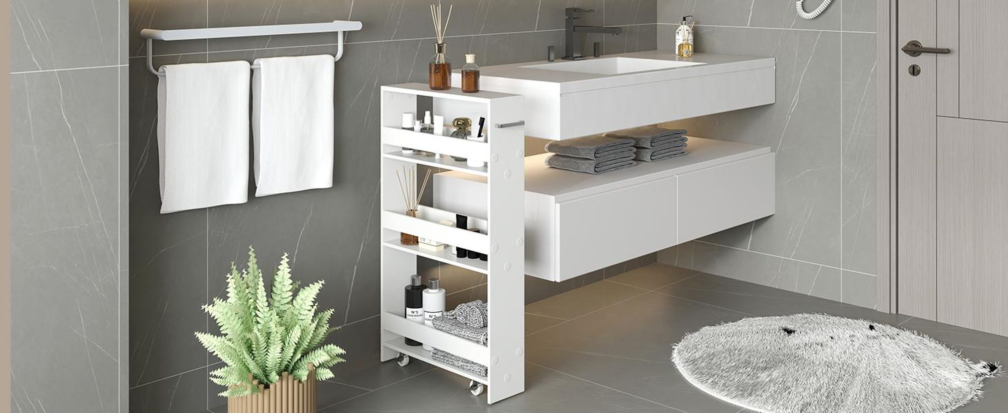 COSTWAY Nischenwagen 13cm breit, 4 Etagen Küchenwagen schmal, Nischenregal auf Rollen, Servierwagen, Badregal Holz, 47,5x13x80,5cm, Grau+Natur