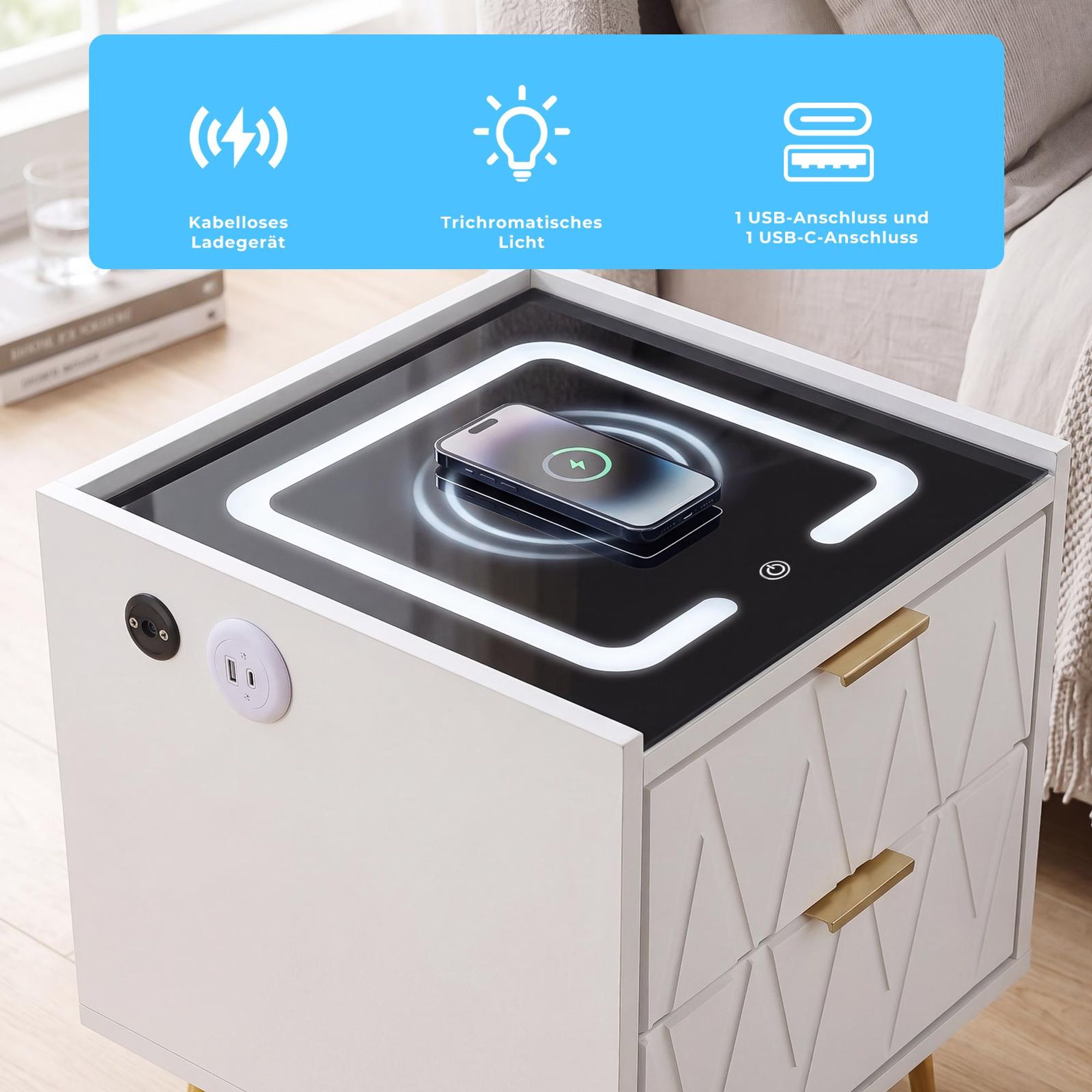 OYAJIA Nachttisch Nachttisch mit LED-Beleuchtung, Beistelltisch mit 15W Kabelloses Laden mit USB + Type-C, Beistelltisch, 2 Schubladen, modern