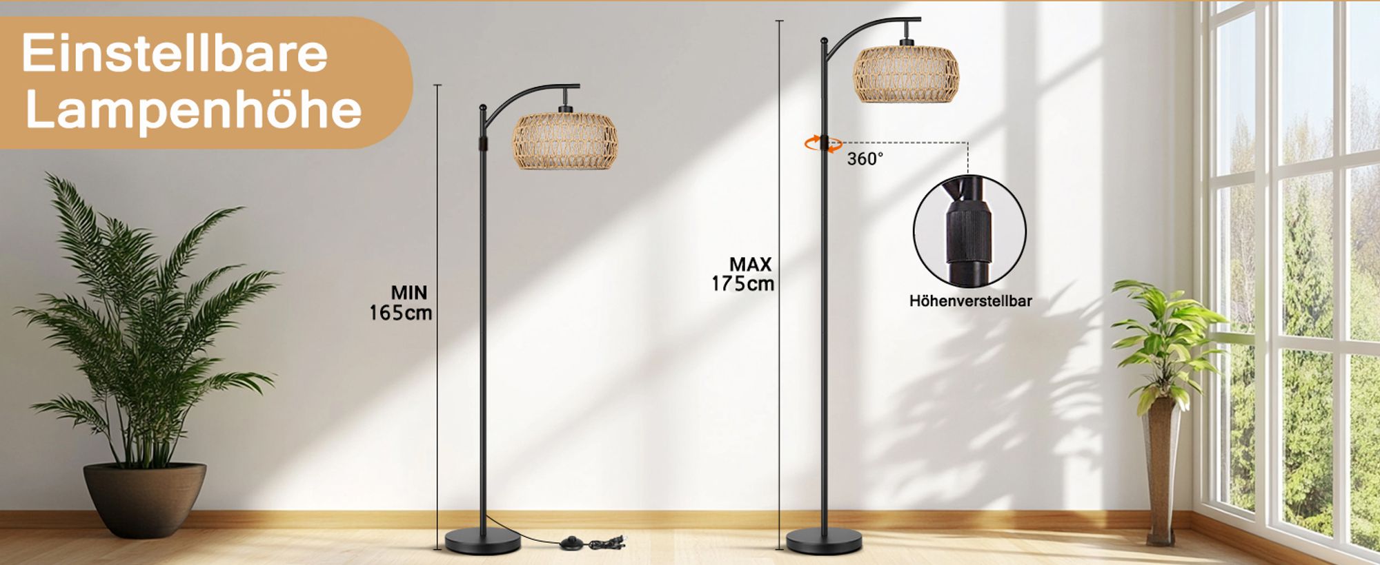Rattan Stehlampe Boho Dimmbar Stehleuchte App-Steuerung Höhenverstellbar Standleuchte mit Fernbedienung für Schlafzimmer Wohnzimmer Büro