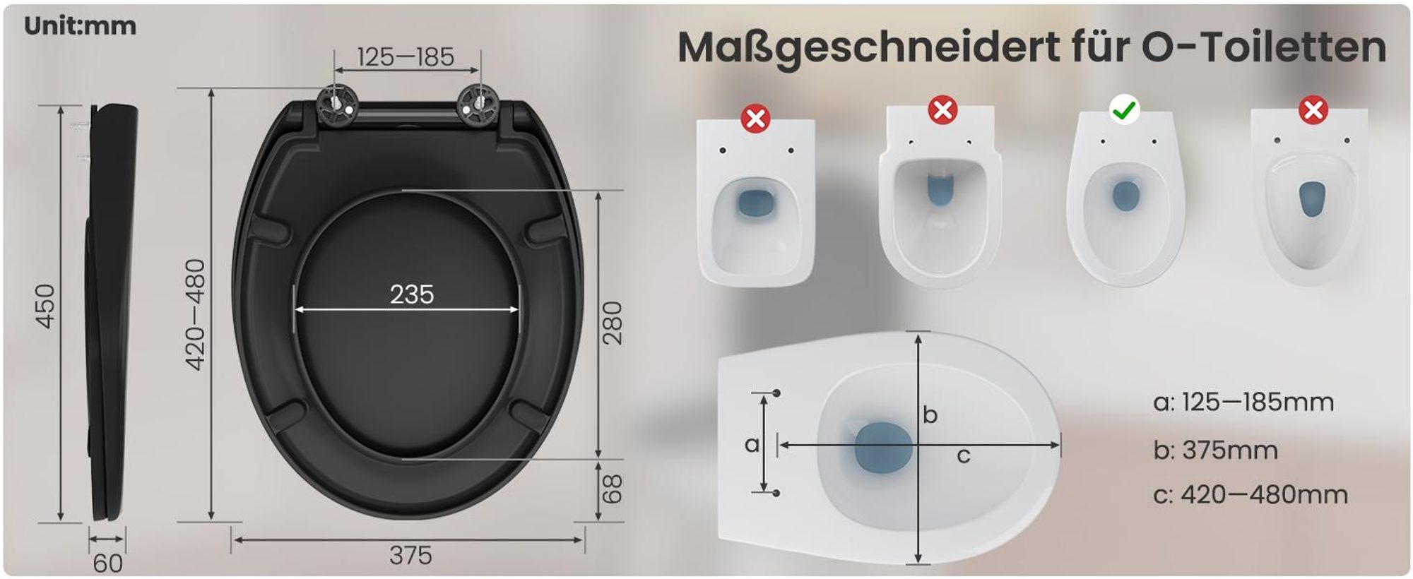 WC-Sitz O Form, 45 x 37.5 cm, Schwarz, Duroplast Toilettendeckel, Absenkautomatik, Schnellbefestigung, Klobrille, Antibakteriell, Softclose