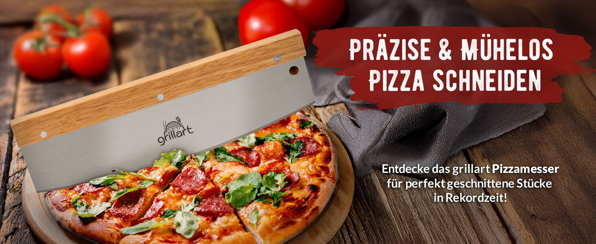 grillart® Premium Pizzamesser – Extra scharfer Edelstahl Pizzaschneider mit Holzgriff