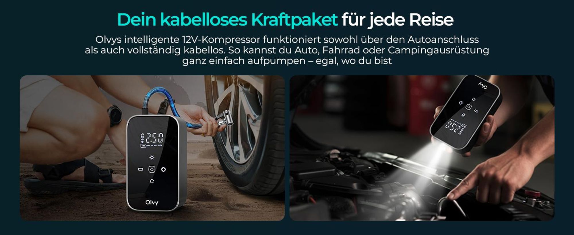 Olvy Elektrische Luftpumpe mit Powerbank 6000 mAh – 12V Mini Kompressor für Auto, Fahrrad, Bälle, Luftmatratze, Display, LED, automatische Abschaltung