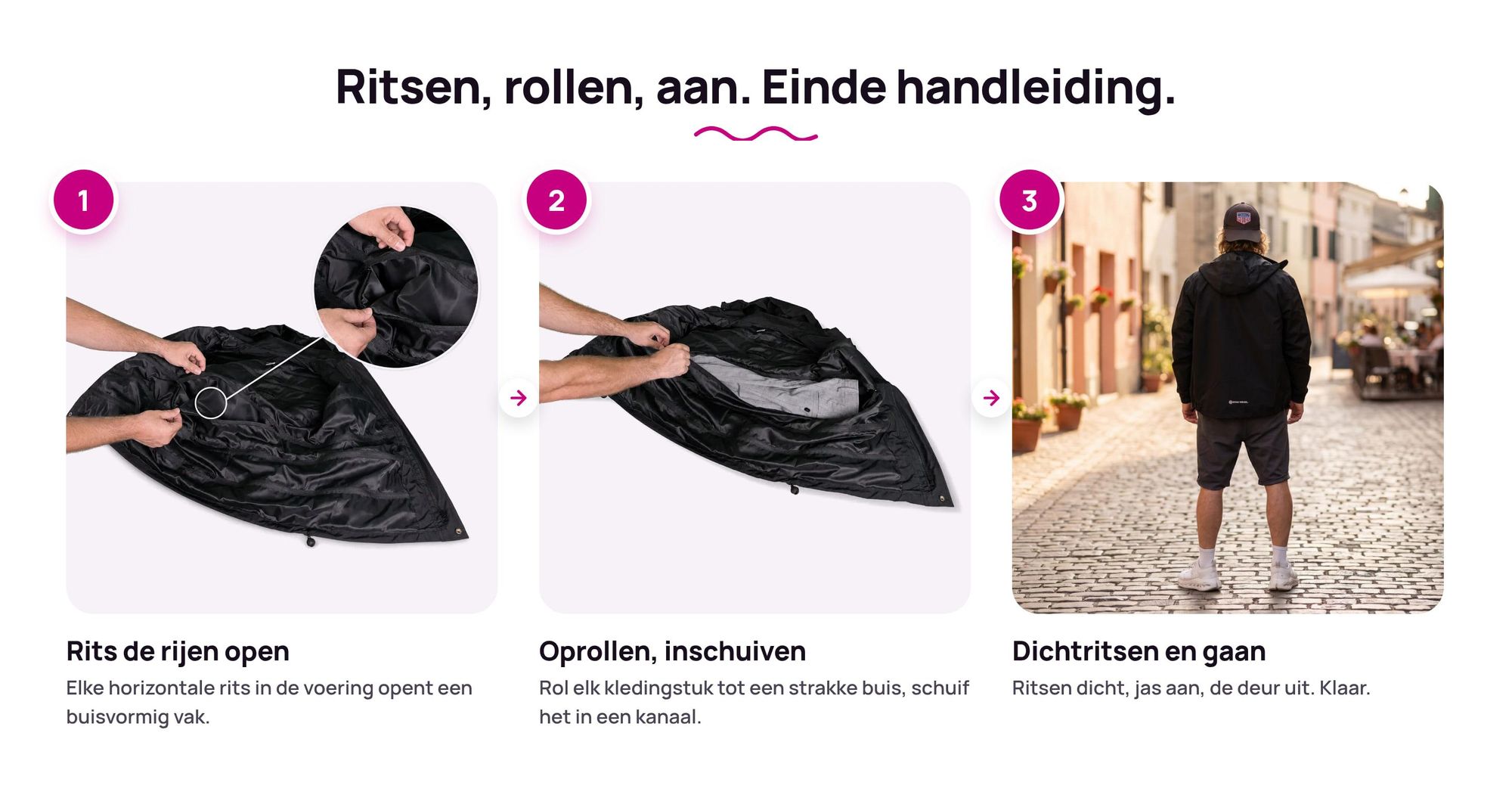 Stap voor stap: kleding inpakken in de buisvakken van de Ryanwear Inpakjas