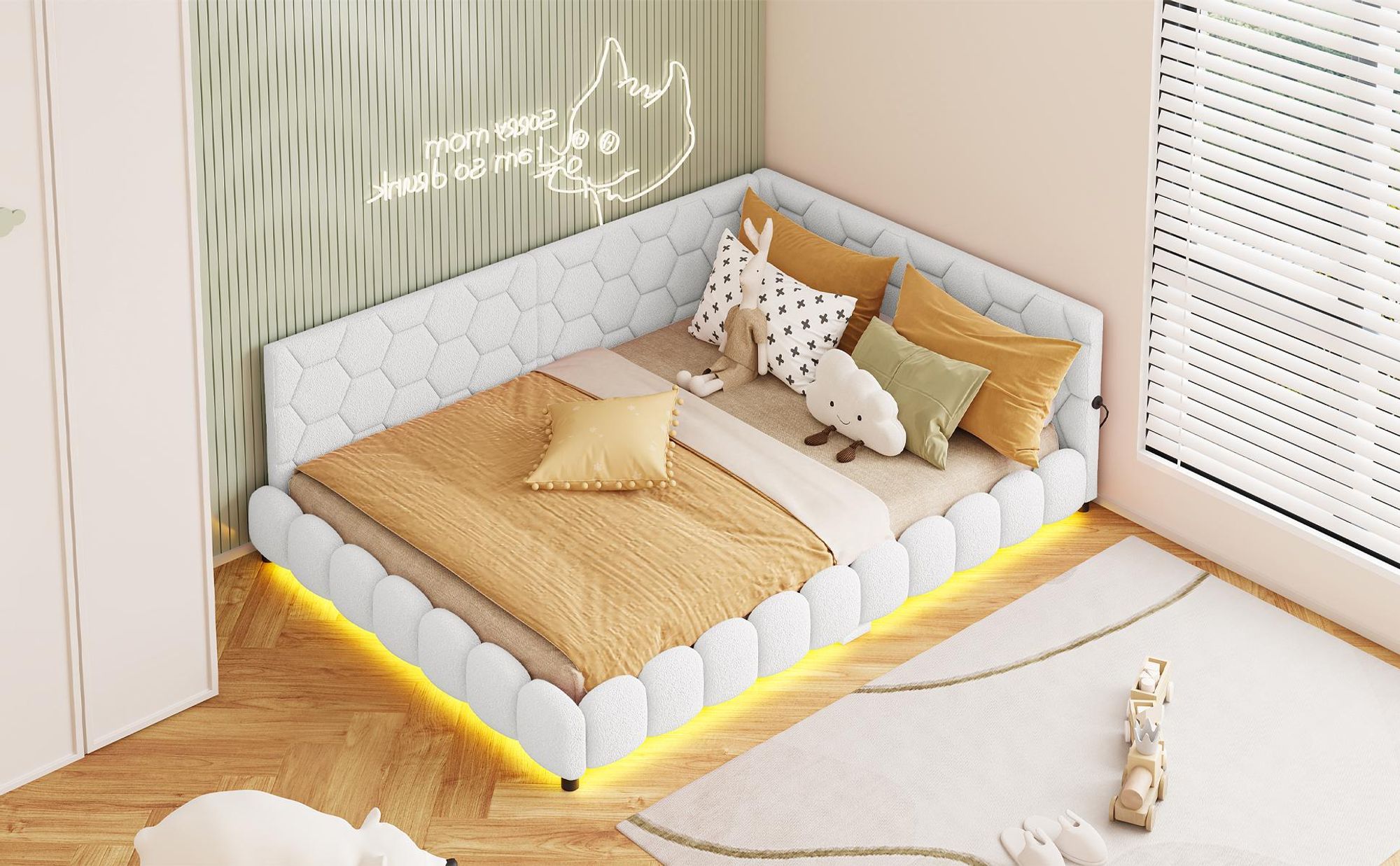 INONEFT  Polsterbett 140x200cm mit LED- und USB-Schnittstelle,Schlafsofa Tagesbett mit lattenrost ,Kinderbett,Doppelbett jugendbett,Wolle, Beige
