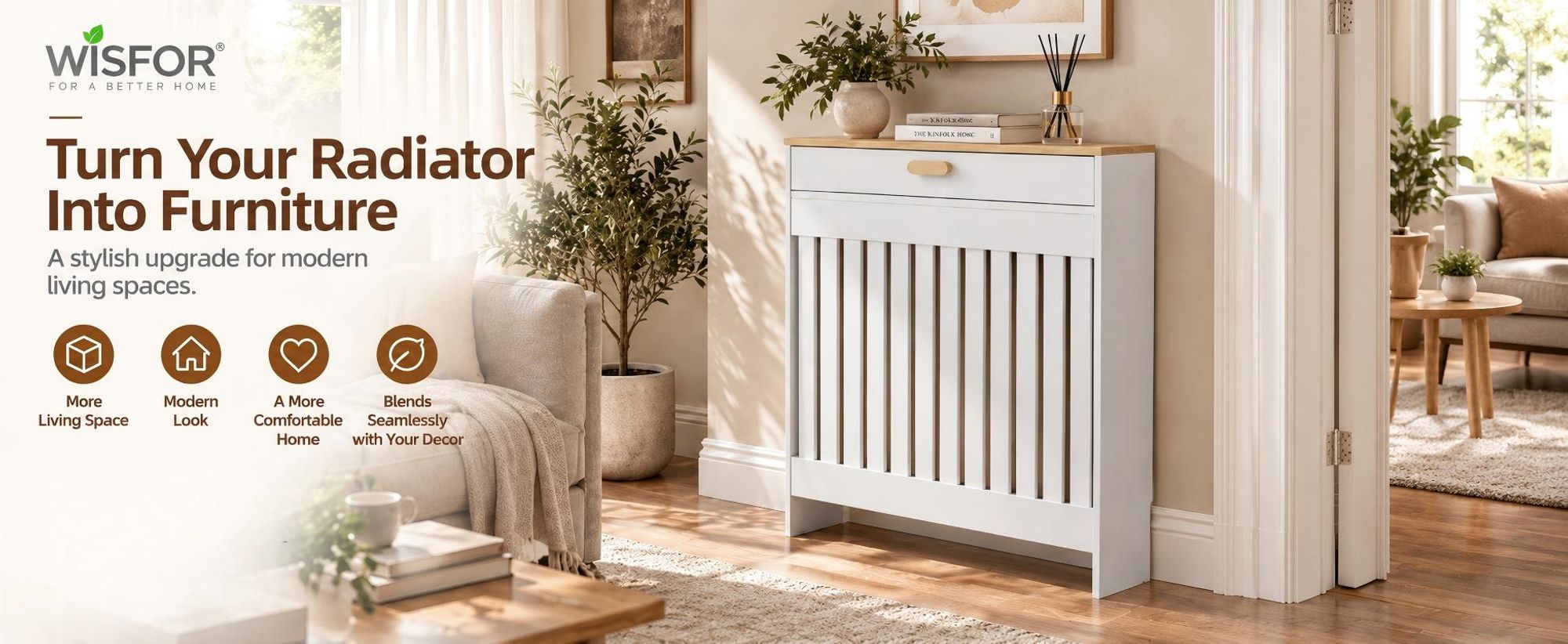 WISFOR Heizkörperverkleidung Heizkörperabdeckung mit Schublade, 78,5×19×95,5 cm, Weiß mit Holzoptik