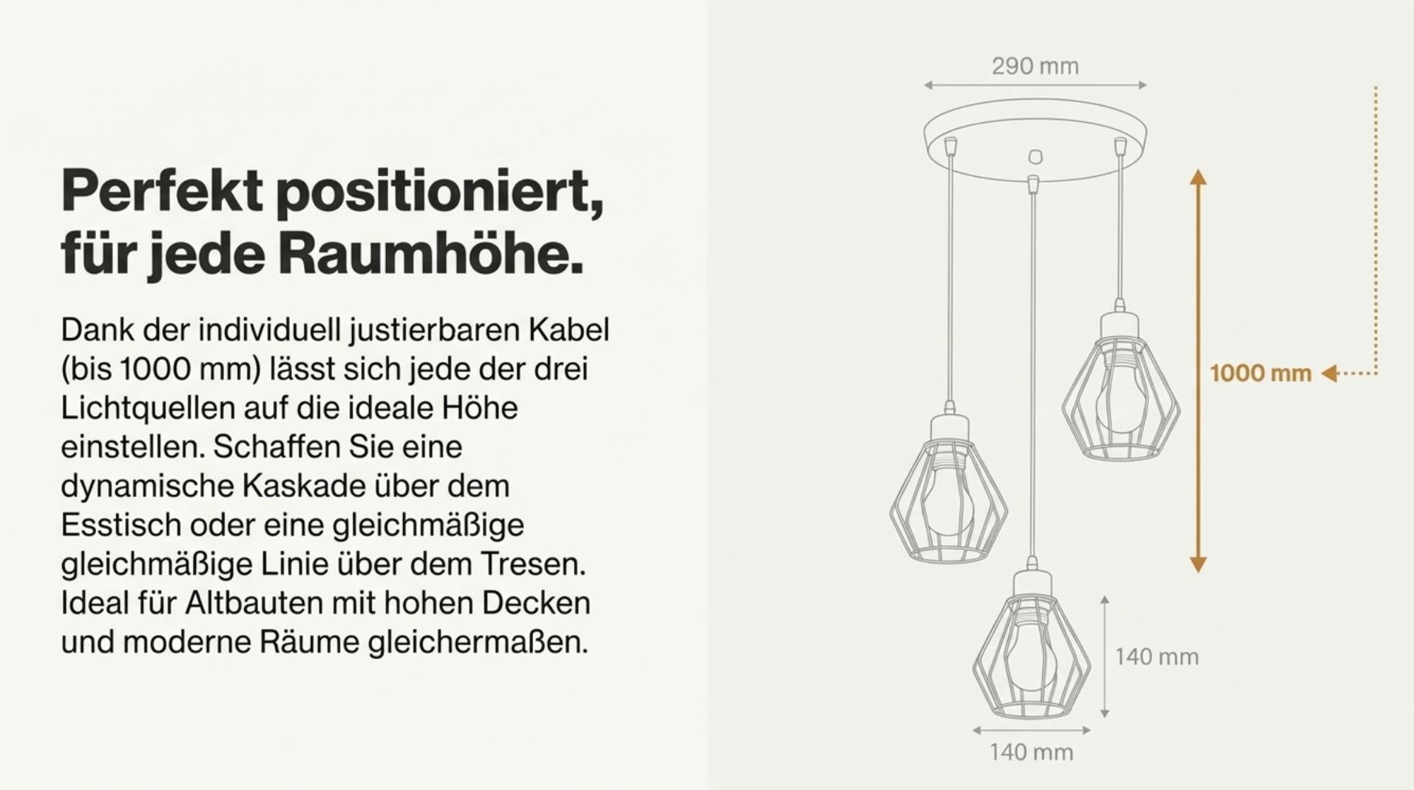 Otto x3 Pendelleuchte mit höhenverstellbaren Kabeln und Deckenmontage