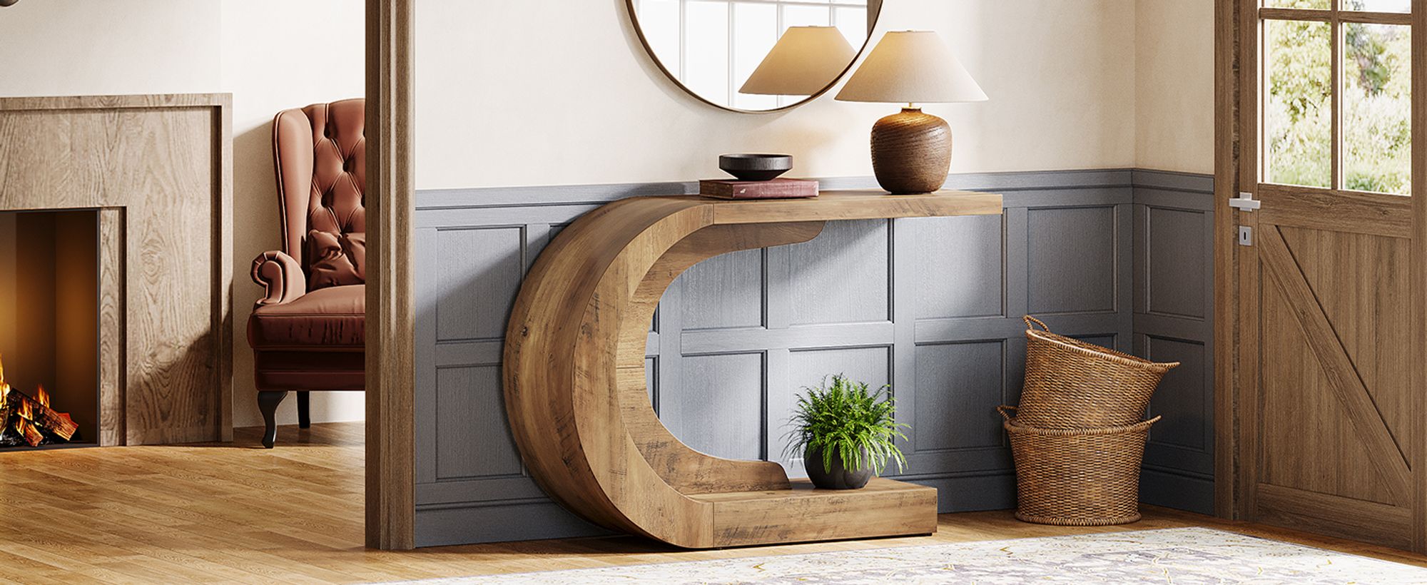 Consolle in legno stile metà secolo moderno, tavolo da ingresso vintage marrone, adatto per ingresso, corridoio, atrio e salotto, dimensioni 110 cm
