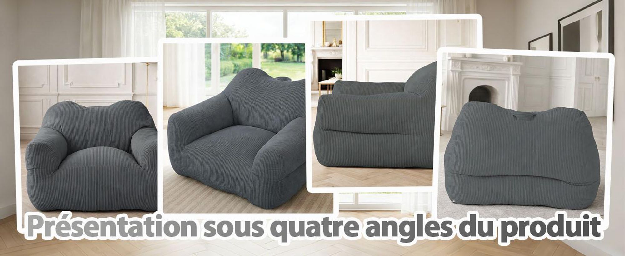 Pouf géant pour adulte, rembourrage en mousse déchiquetée, canapé de sol moelleux, forme carrée, gris