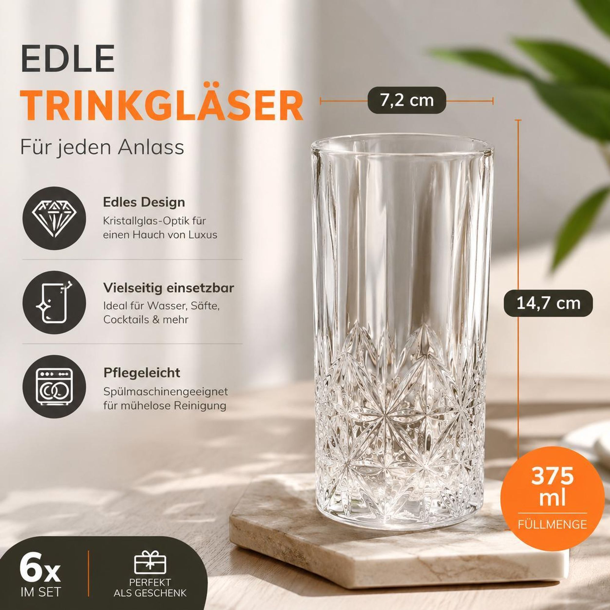 12er Set Longdrinkgläser 375 ml mit edler Schliffoptik Wassergläser Cocktailgläser Saftgläser für Softdrinks Latte Macchiato spülmaschinengeeignet