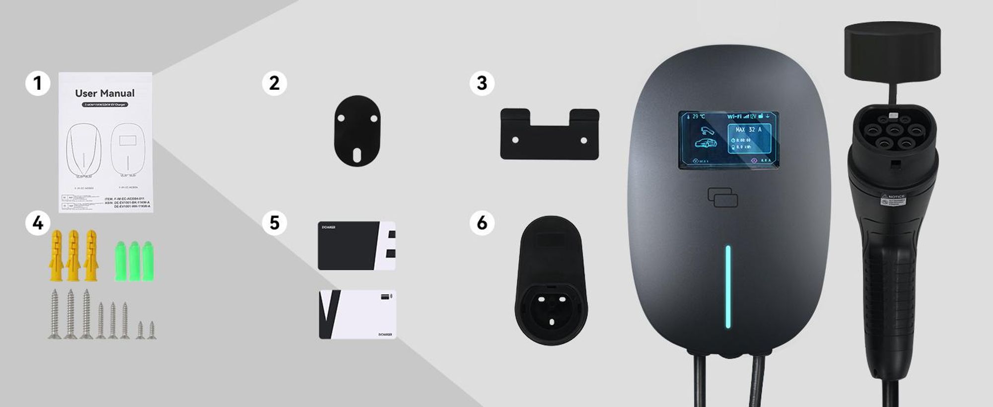 Puluomis Wallbox Ladestation 22kW Ladekabel 7m Typ 2 mit Halter,EV Ladegerät 3-phasig 6-32A einstellbar, IP65 mit Wlan & Bluetooth 24h Timer Grau