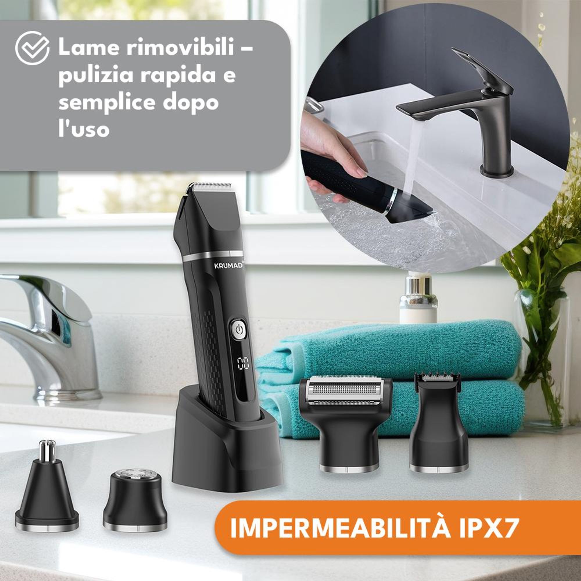 KRUMAD Tagliacapelli 6-in-1 IPX7 - Regolabarba, rasoio elettrico e tagliapeli da uomo con display LED - 120 minuti di autonomia e 4 accessori