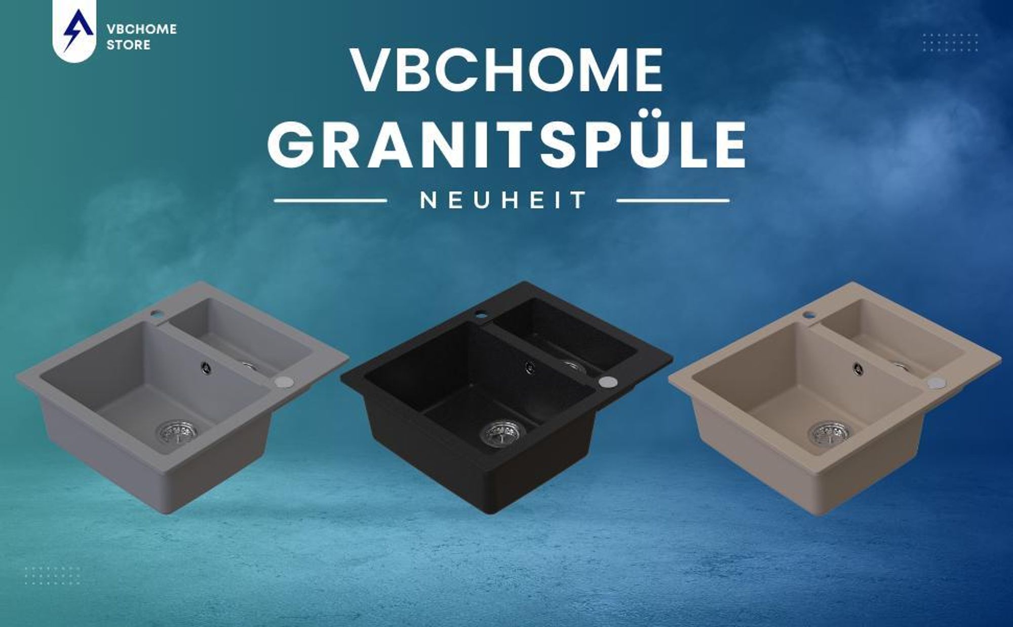 VBChome Spülbecken 60x50x20 cm Beige Granit 1,5 Becken Einbauspüle gesprenkelt Restebecken Siphon