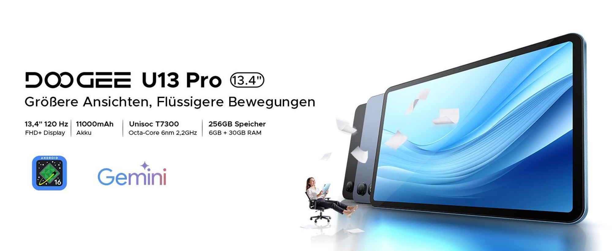 DOOGEE U13 Pro – Tablet, Android 16, 13,4 Zoll, 36 (6+30) GB + 256 GB, 120 Hz, 11.000 mAh/18 W, Gemini AI, Widevine L1, 8 MP + 13 MP Kamera
