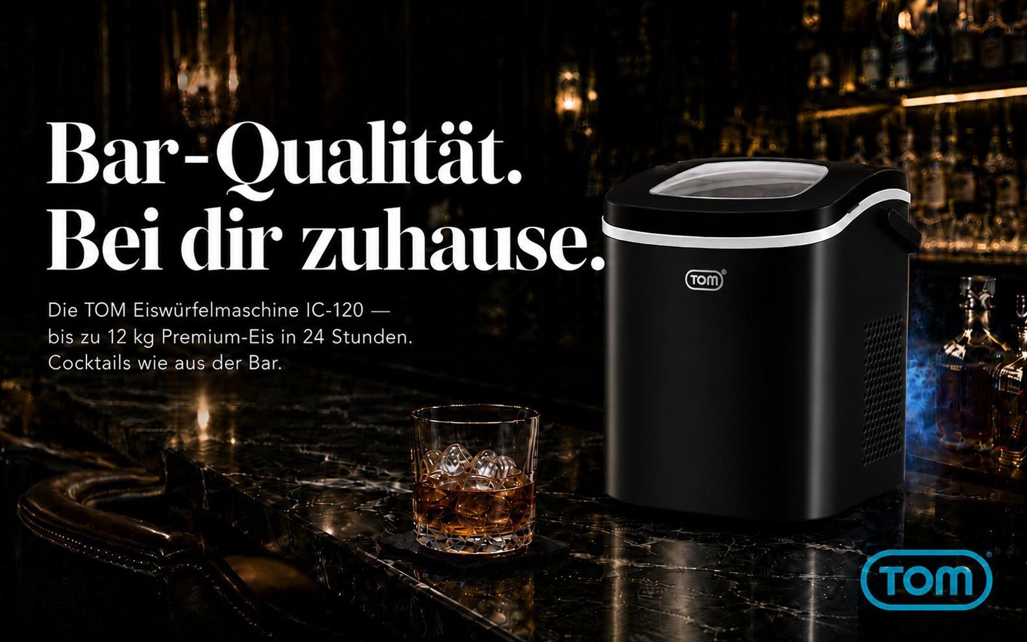 Eiswürfelmaschine Eiswürfelbereiter Schwarz 1,3 Liter mit Eiszange TOM | 12kg / 24h | 2 Größen | LED-Display | Herausnehmbarer Eiswürfelkorb