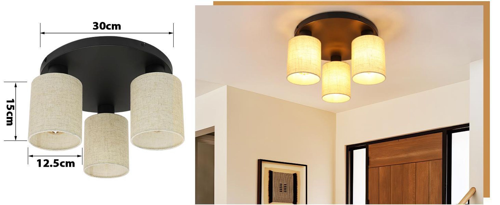 ZMH Deckenlampe Wohnzimmer Deckenleuchte Schwarz Schlafzimmerlampe Rund Flurlampe Vintage E27 3 Flammig Stoffschirm Rustikal Küche Ohne Leuchtmittel