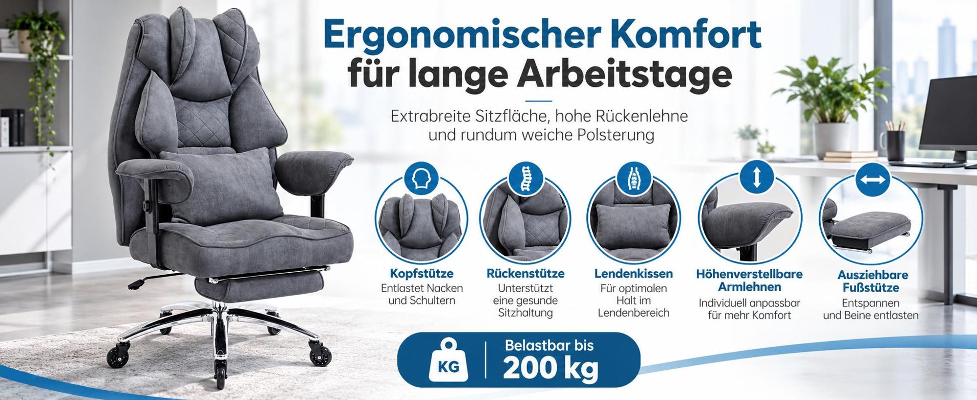 Ergonomischer Bürostuhl mit Kopfstütze, Lendenkissen, höhenverstellbar, Fußstütze, bis 200 kg