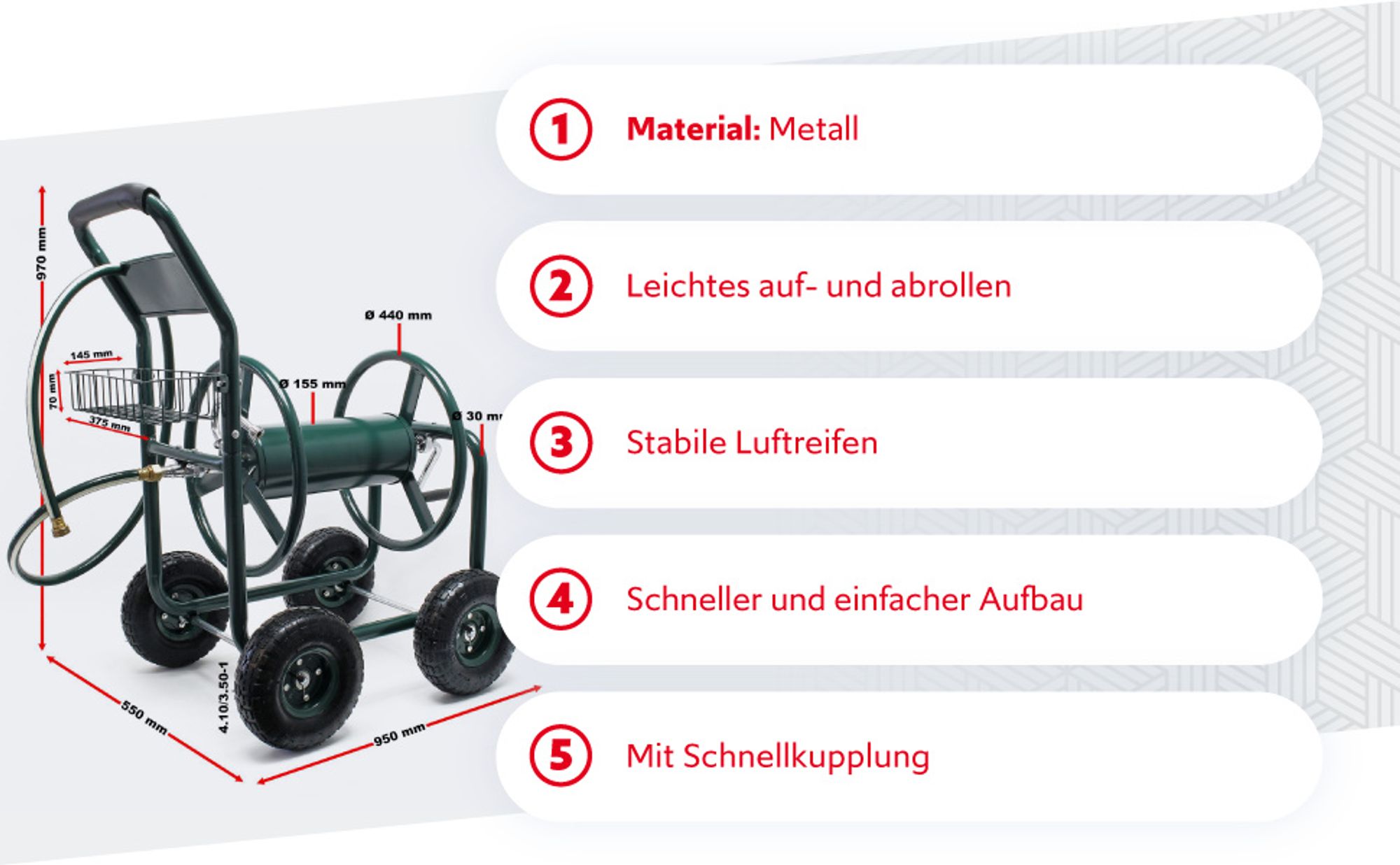 Wiltec Schlauchwagen ohne Schlauch, Schlauchaufroller für 3/4" (19 mm) Gartenschlauch bis 70 m, mit Reifen Ø 25cm Gartenschlauchwagen, Gartenschlauchtrommel