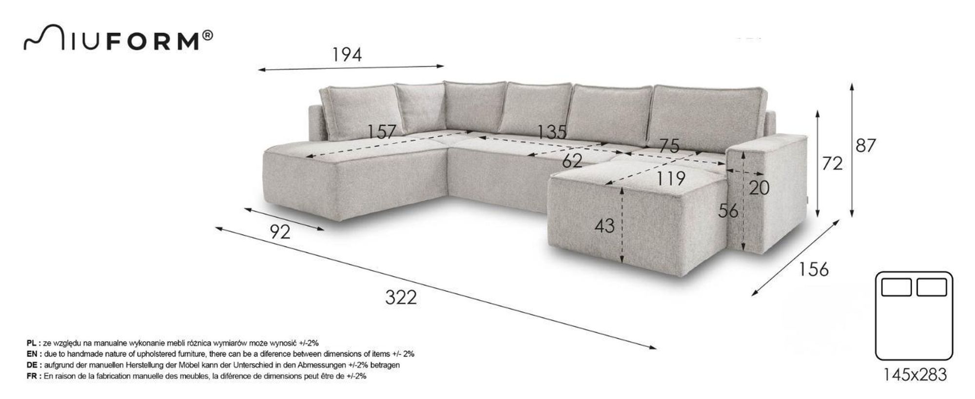 MIUFORM Brave Dave - Ecksofa mit Bettfunktion und Bettkasten U-FORM RECHTS - 322x194cm - Flaschengrün - Sofa Schlafsofa Couch