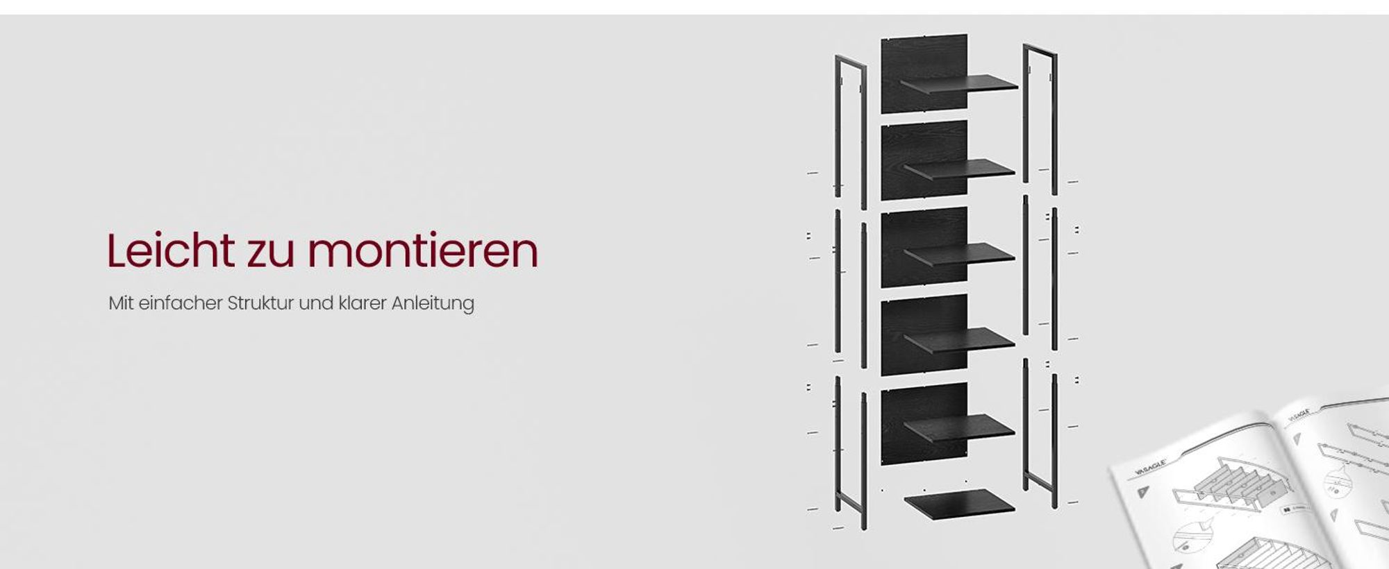 VASAGLE Bücherregal mit 6 Ebenen, Standregal mit einstellbarer LED-Beleuchtung, Regal mit Stahlrahmen, 30,3 x 40/60 x 178,6 cm, für Wohnzimmer