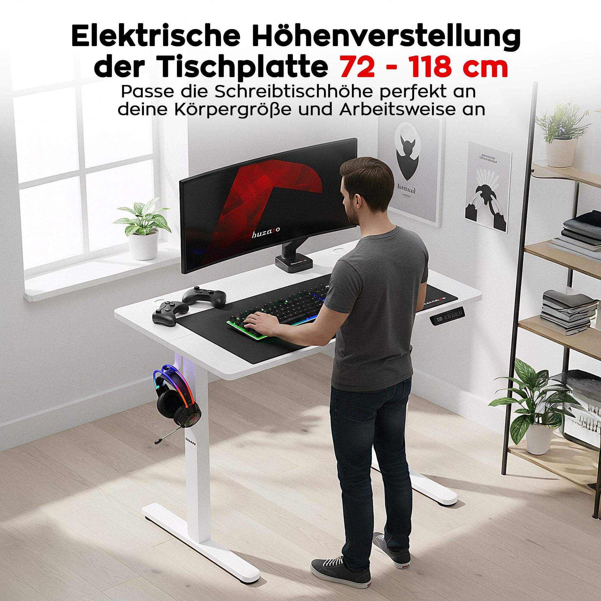 Huzaro Hero 7.9 | Höhenverstellbarer Schreibtisch Stehschreibtisch | 100x60cm | Stufenlos Verstellbar Metallkonstruktion Kabeldurchführung | Weiß