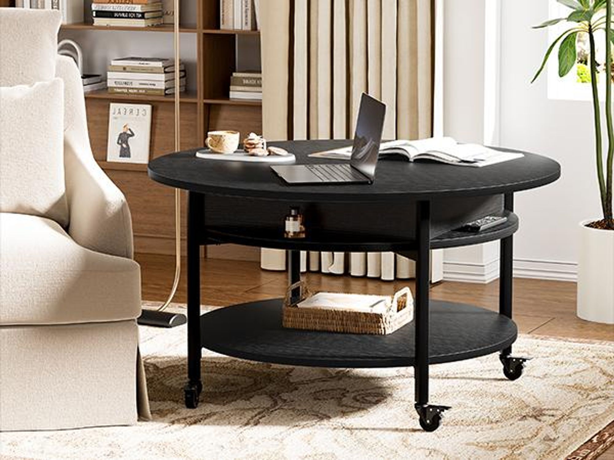FABATO Runder Couchtisch mit Höhenverstellung, Rädern und Staufach - 26,77 Zoll, 2-stufig, ideal für Wohnzimmer, in Schwarz