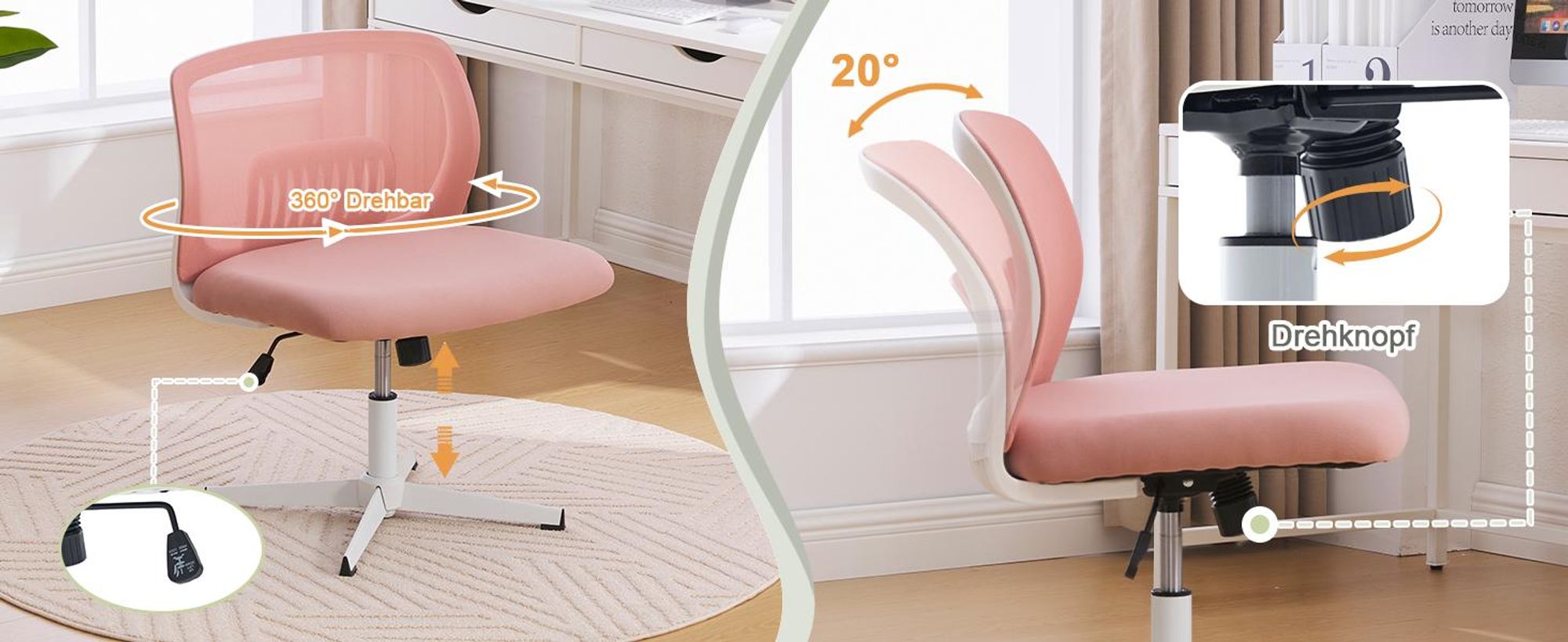 LVHOM Drehstuhl ohne Armlehnen, Höhenverstellbarer Bürostuhl ergonomisch Wippfunktion, Schreibtischstuhl Computerstuhl Chefsessel, Schwarz