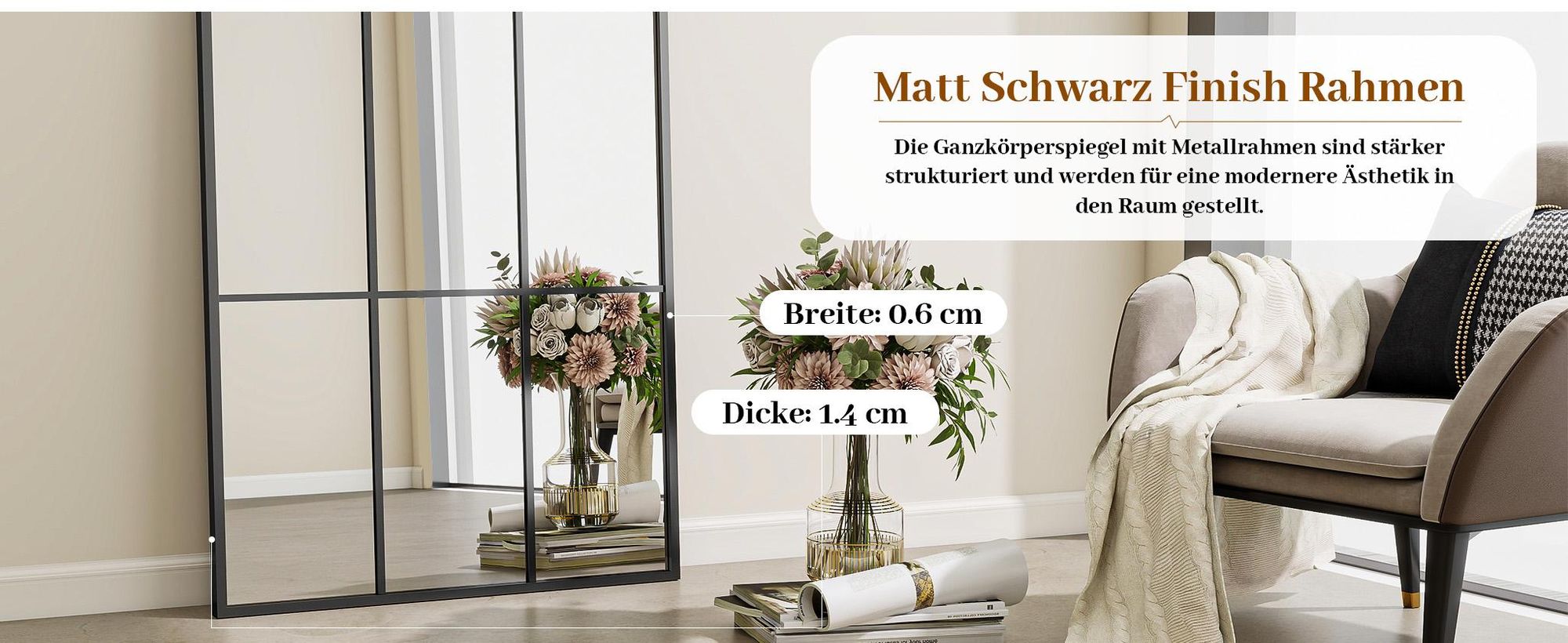 Koonmi 64x175 cm Fensterscheibe Ganzkörperspiegel - Dekorative Vollkörper mit Metallrahmen hängend Schrägung für den Eingang, Wohnzimmer, Schwarz