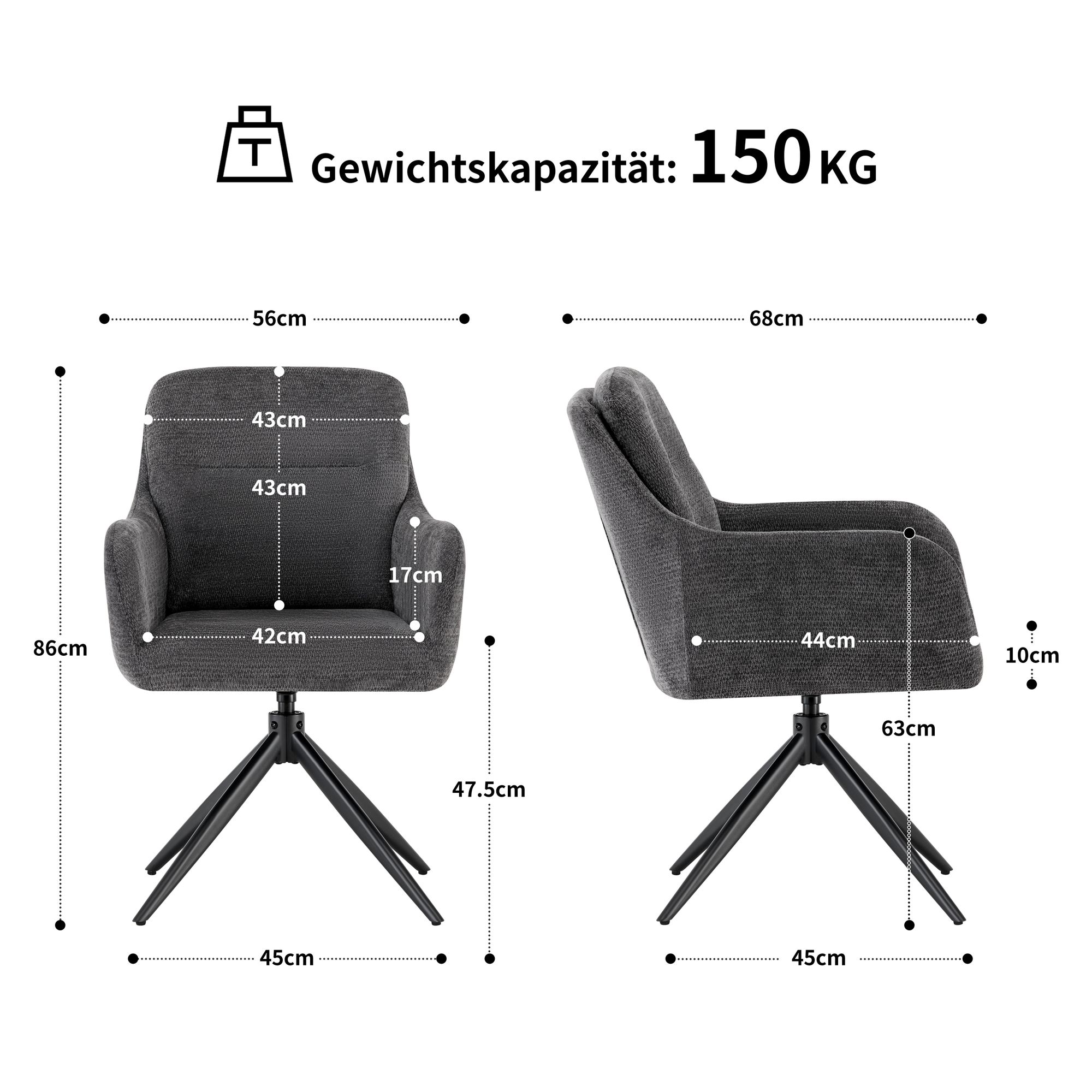 Deuline Esszimmerstühle 4er Set  360° drehbar mit Armlehne, Polsterstuhl Chenille, Drehstuhl Esszimmer, Küchenstuhl für Esszimmer, Küche, Grau 521262