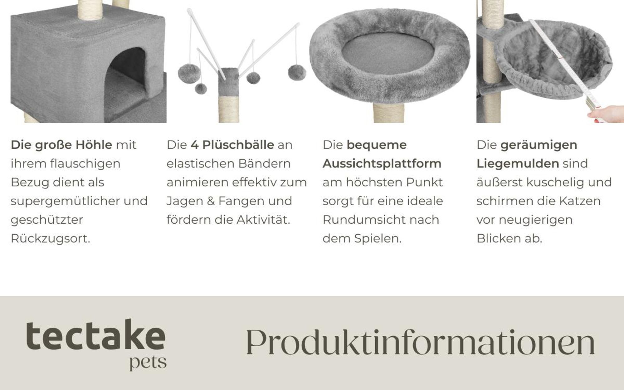 tectake® Kratzbaum Lilou 165 cm inklusive 4 Spielbällen, Kordel und Kippschutz