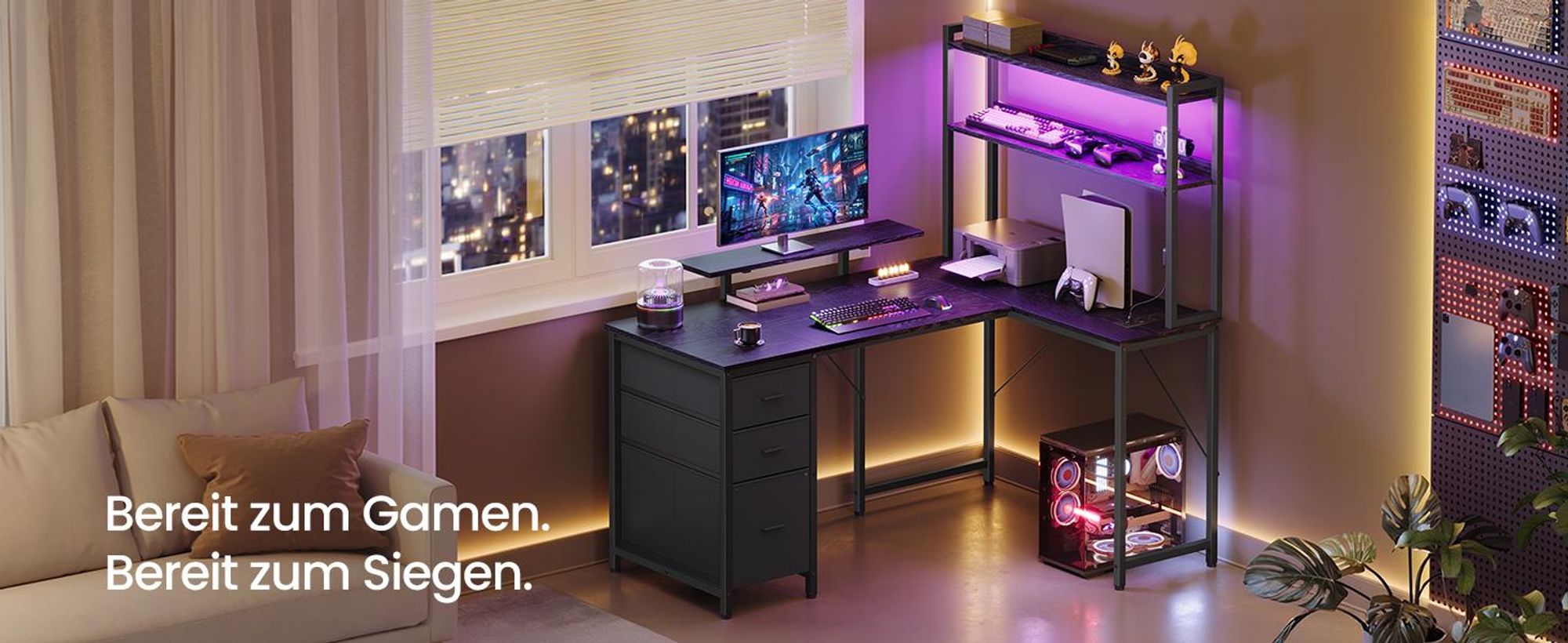 VASAGLE L-Form Schreibtisch mit LED-Beleuchtung, Steckdosen und 3 Schubladen, 140 x 100 x 150 cm, Schwarz