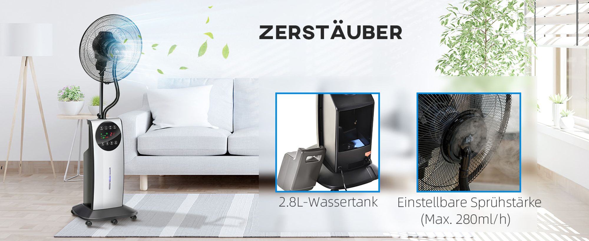 HOMCOM Nebel Ventilator mit Sprühnebel Standventilator mit Wasserkühlung Schwarz