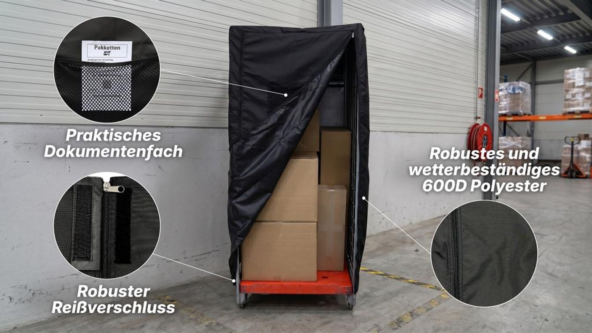 Robuste Rollcontainer-Abdeckung aus 600D Polyester mit Reißverschluss und Dokumentenfach.