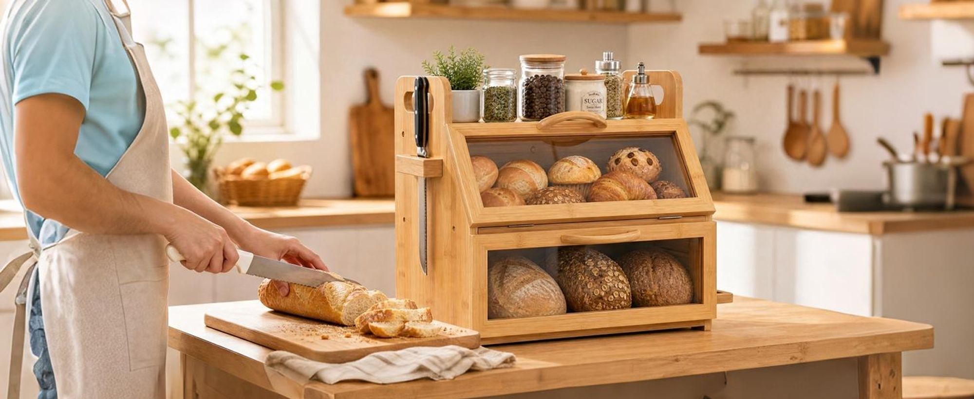 Extra Großes Brotkasten, 2 Etagen Bambus Brotbox für Küchen, Holz Brotbehälter mit Werkzeughalter, Sichtfenster – (38  x 28 x 39 cm) natürlich