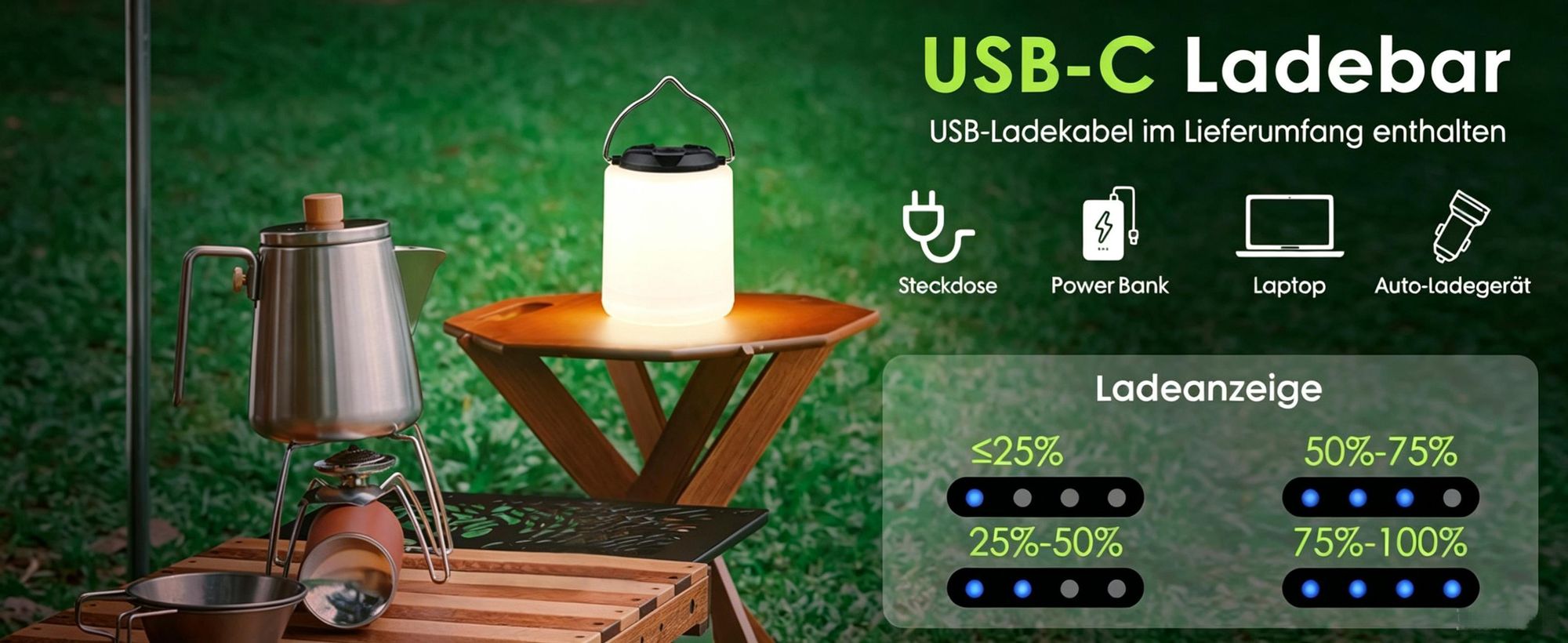 2er Campinglampe Wiederaufladbar, Camping Laterne, 3000K Warmweiß Licht, Helligkeit Einstellbar 3 Lichtmodi, 10+Std.Betriebsdauer Wasserdichte