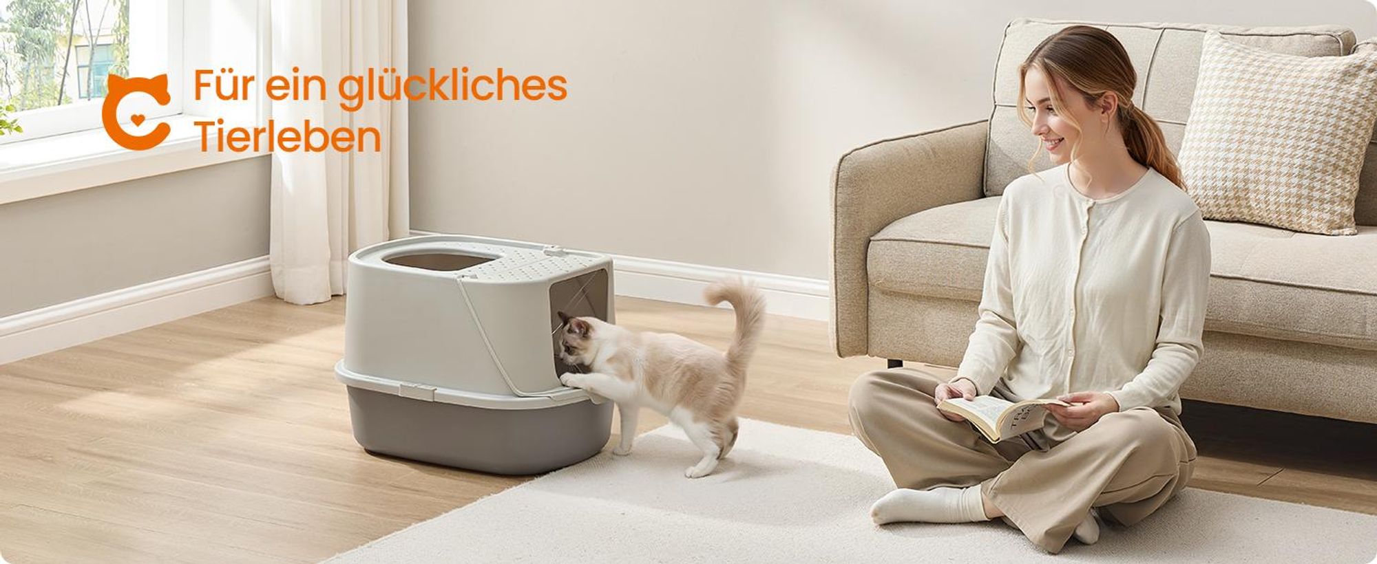 Feandrea Katzenklo groß XXL, Katzentoilette mit Deckel, mit Schaufel und Bürste, für Katzen bis 15 kg, haferflockenfarben-warmgrau
