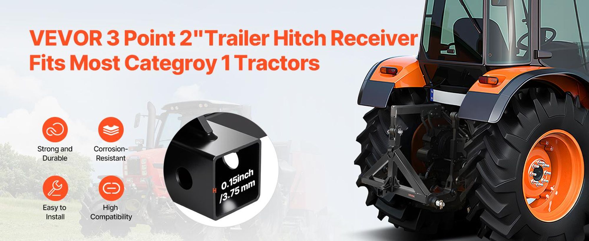 VEVOR 3-Punkt-Anhängerkupplung mit 2-Zoll-Anschluss, 3-Punkt-Schnellkupplung, 3.000 lbs Tragfähigkeit, Schwerlast-Traktor-Zugdeichsel-Adapter, kompatibel mit Kubota, Mahindra, John Deere, Massey Ferguson, 21 Zoll-Einzelbohrung+Einzelring-Standard