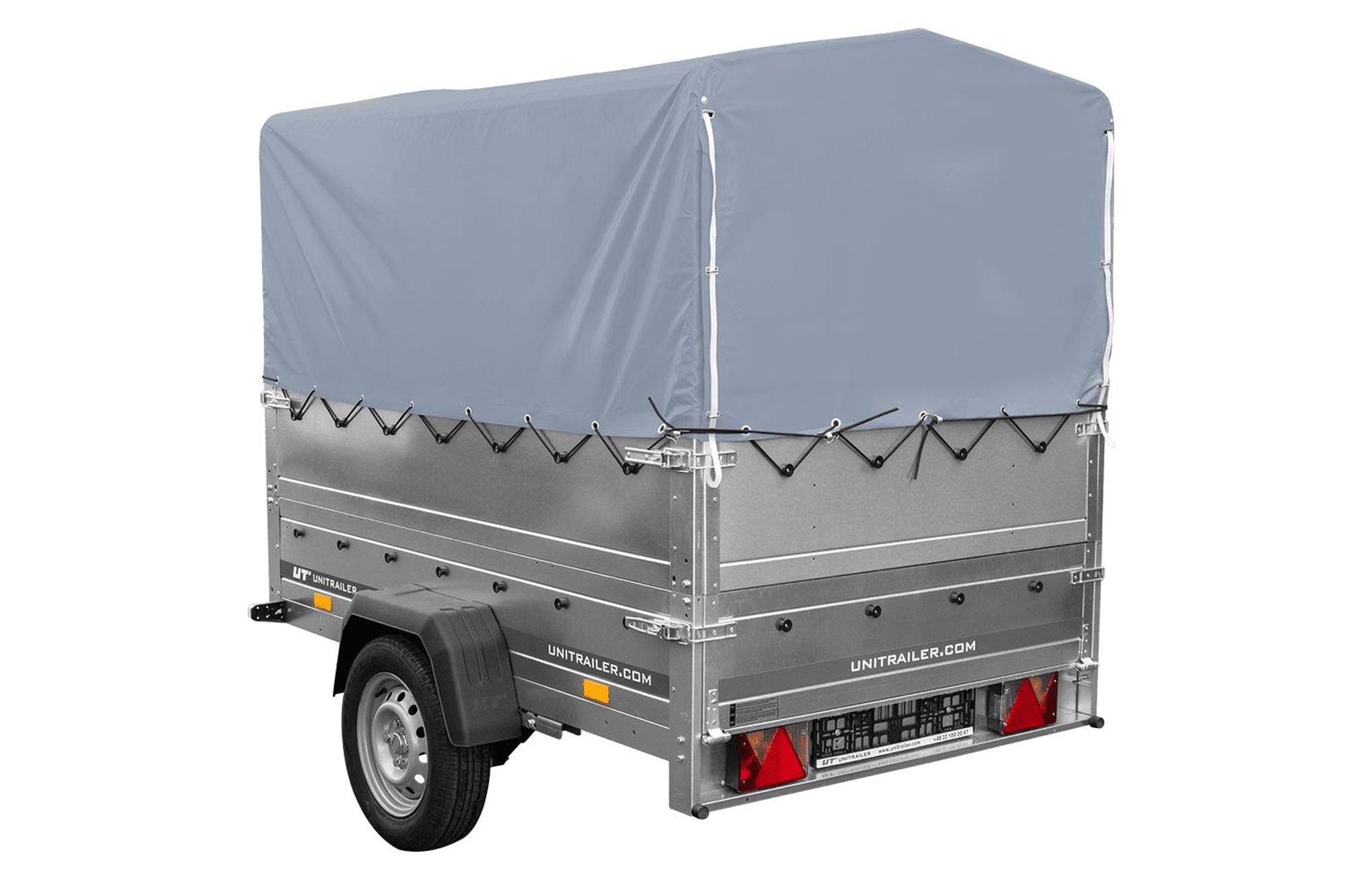 Leichtanhänger auf Federn 200x125 UNITRAILER GARDEN 201/R KIPP mit BIS-Seiten, H-800-Rahmen und grauer Plane
