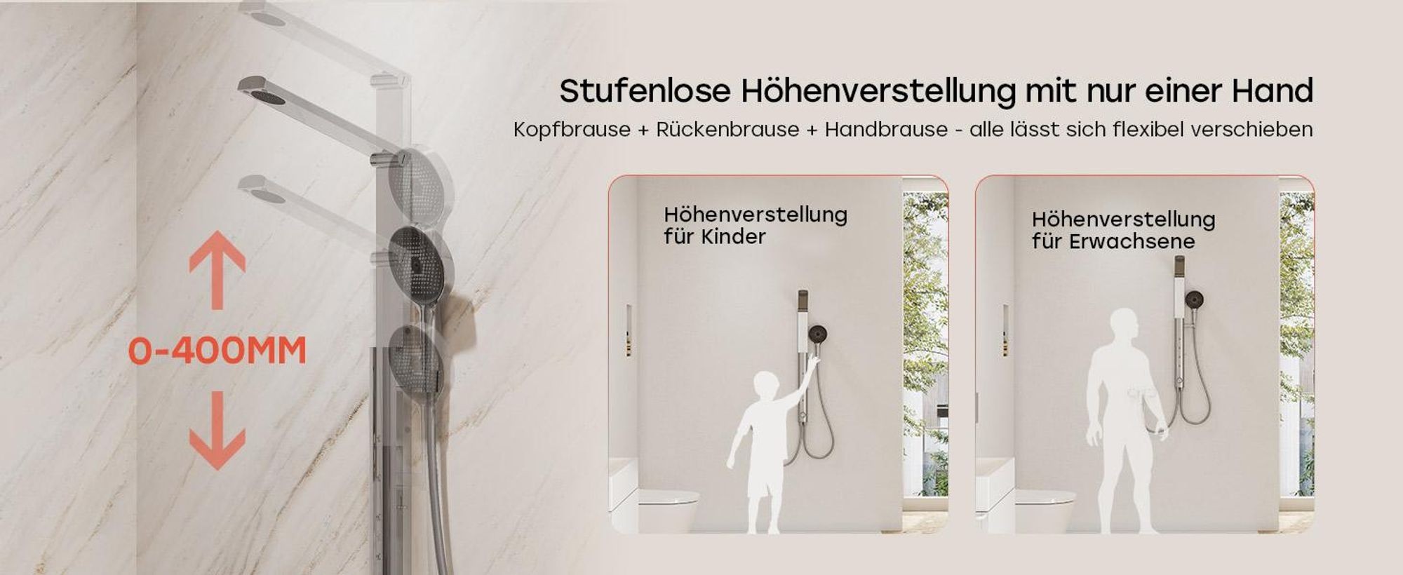 HOROW RainFlexi S1 Regendusche Set Massage ohne Armatur, Chrom Duschpaneel mit Großem Duschkopf, Klappbares Duschsystem, Höhenverstellbares Duschset