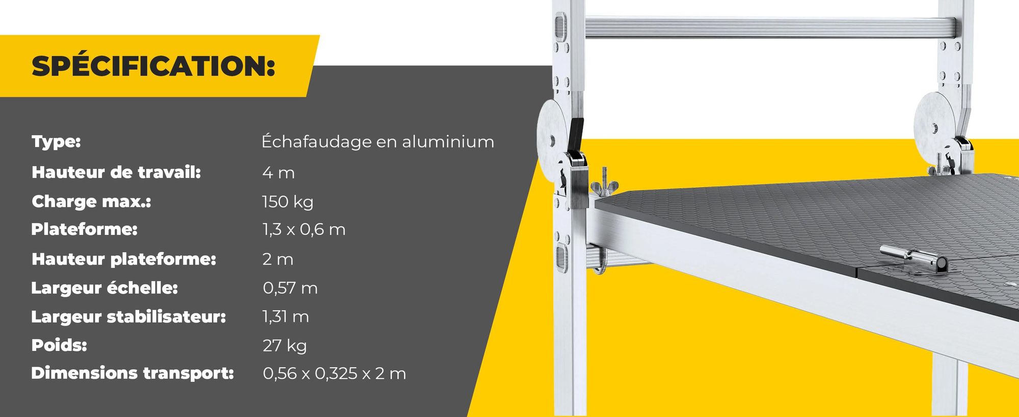 Drabest | échafaudage aluminium - echafaudage - echelle echafaudage - jusqu'a 150kg - echafaudage alu - plateforme de travail - plateforme echafaudage alu