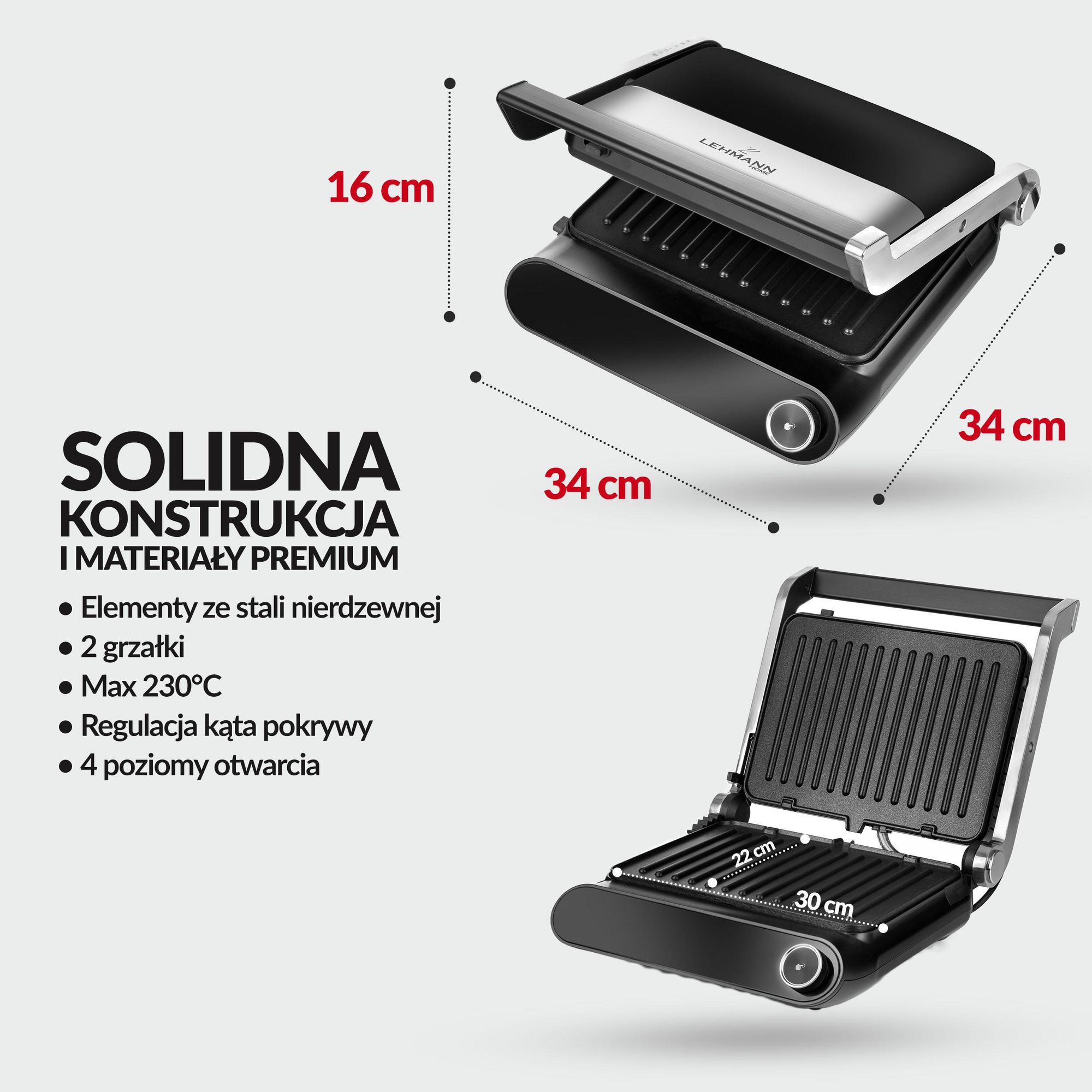 Grill elektryczny LEHMANN ROTTI, opiekacz do Panini, tostów, steków 2200W + programator czasu i temperatury 90 - 230℃, rozkładany, Lehmann LHOEG-2229